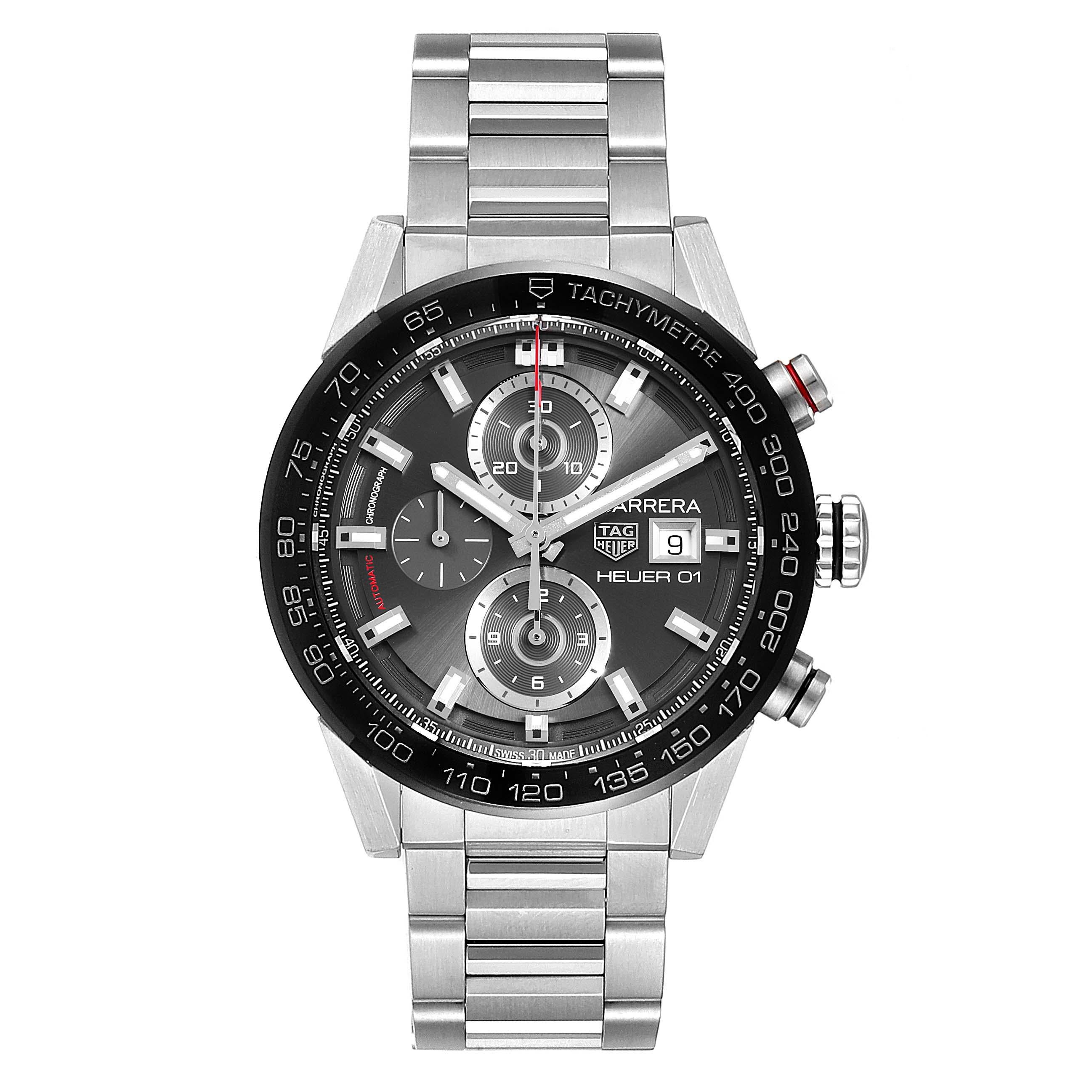 Tag Heuer Carrera Chronograph Automatic Mens Watch CAR201W Box Card. Automatic self-winding chronograph movement. Stainless steel case 43.0 mm. Exhibition sapphire crystal case back. Black bezel with tachymeter scale. Scratch resistant sapphire