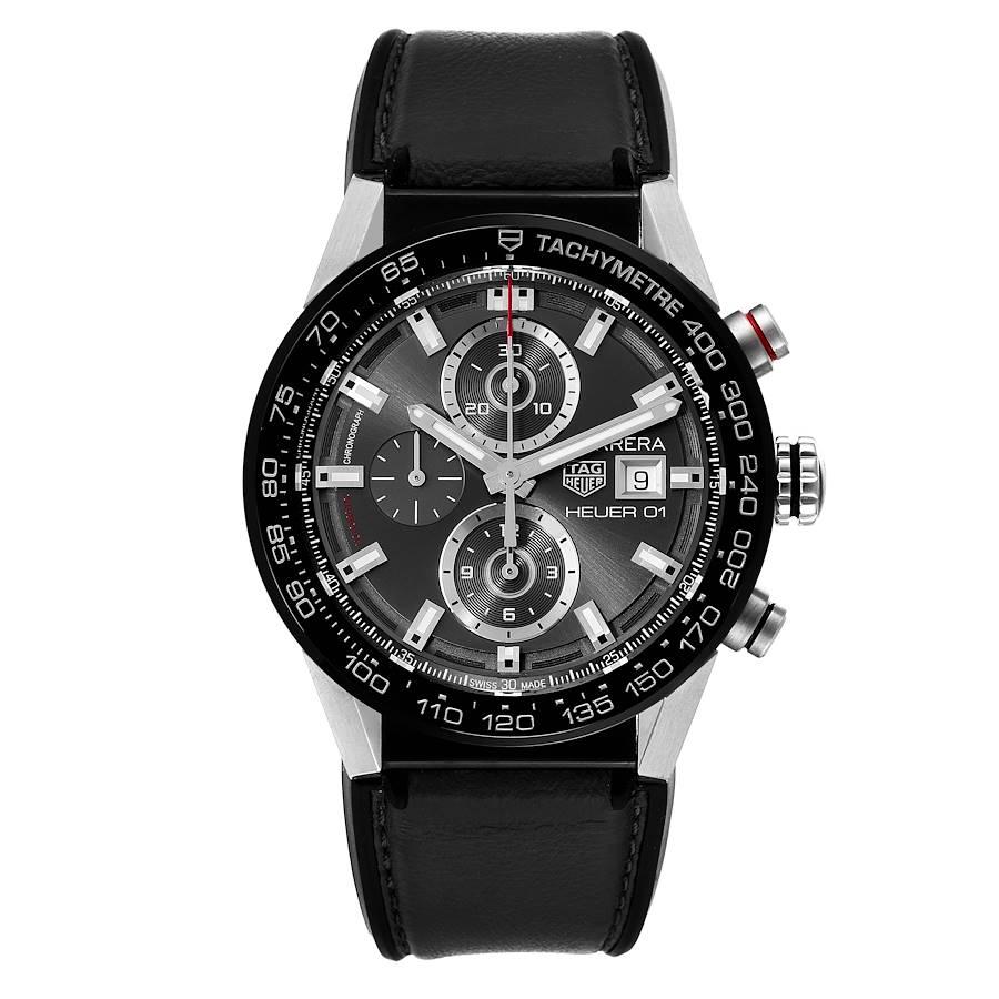 Tag Heuer Carrera Chronograph Automatic Mens Watch CAR201W Box Card. Automatic self-winding chronograph movement. Stainless steel case 43.0 mm. Exhibition sapphire case back. Black ceramic bezel with tachymeter scale. Scratch resistant sapphire