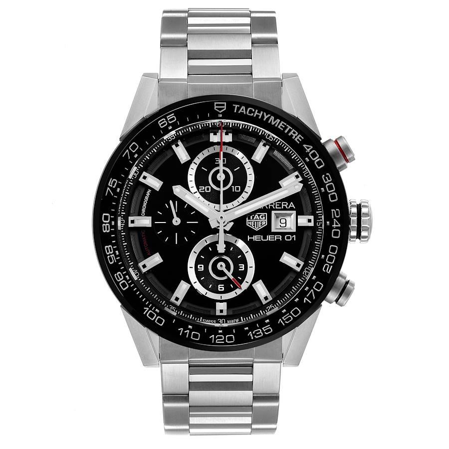 Tag Heuer Carrera Chronograph Automatic Mens Watch CAR201Z Box Card. Automatic self-winding chronograph movement. Stainless steel case 43.0 mm. Exhibition sapphire crystal case back. Black bezel with tachymeter scale. Scratch resistant sapphire