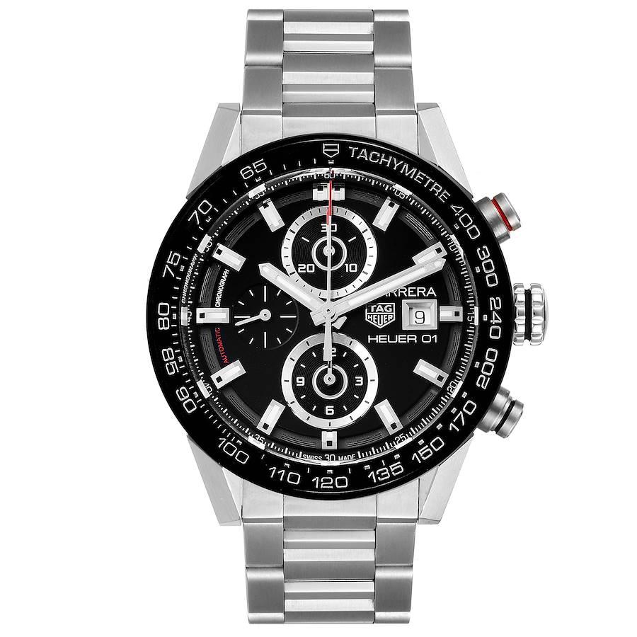 Tag Heuer Carrera Chronograph Automatic Mens Watch CAR201Z Box Papers. Automatic self-winding chronograph movement. Stainless steel case 43.0 mm. Exhibition sapphire crystal case back. Black bezel with tachymeter scale. Scratch resistant sapphire