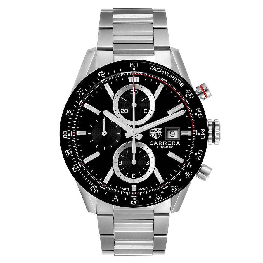 Tag Heuer Carrera Chronograph Black Dial Steel Mens Watch CBM2110 Box Card. Automatic self-winding chronograph movement. Stainless steel case 41.0 mm in diameter. Black ion-plated bezel with tachymeter scale. Scratch resistant sapphire crystal.