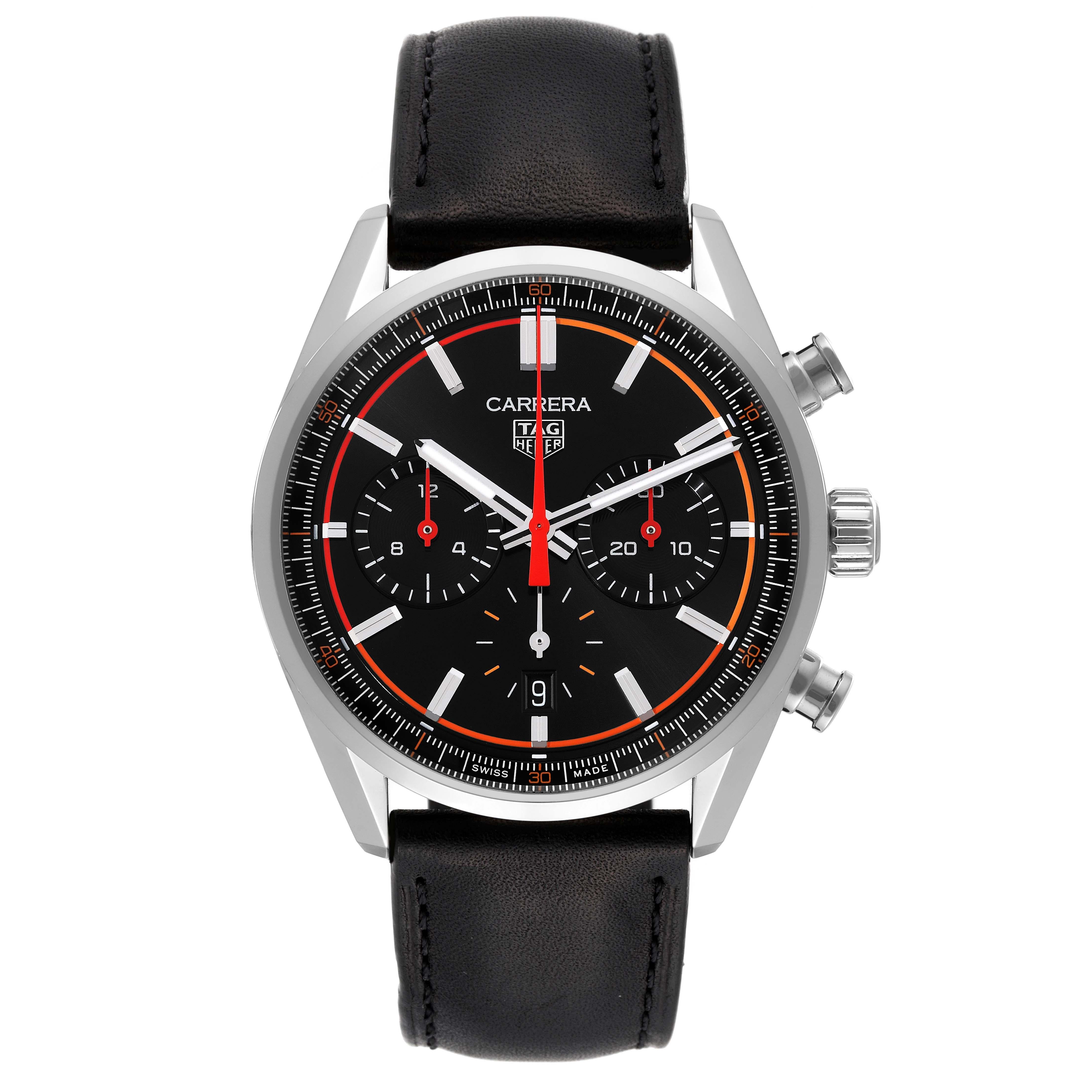 Tag Heuer Carrera Chronograph Black Dial Steel Mens Watch CBN201C Unworn. Automatic self-winding chronograph movement. Polished stainless steel case 42.0 mm in diameter. Transparent exhibition sapphire crystal case back. Polished stainless steel