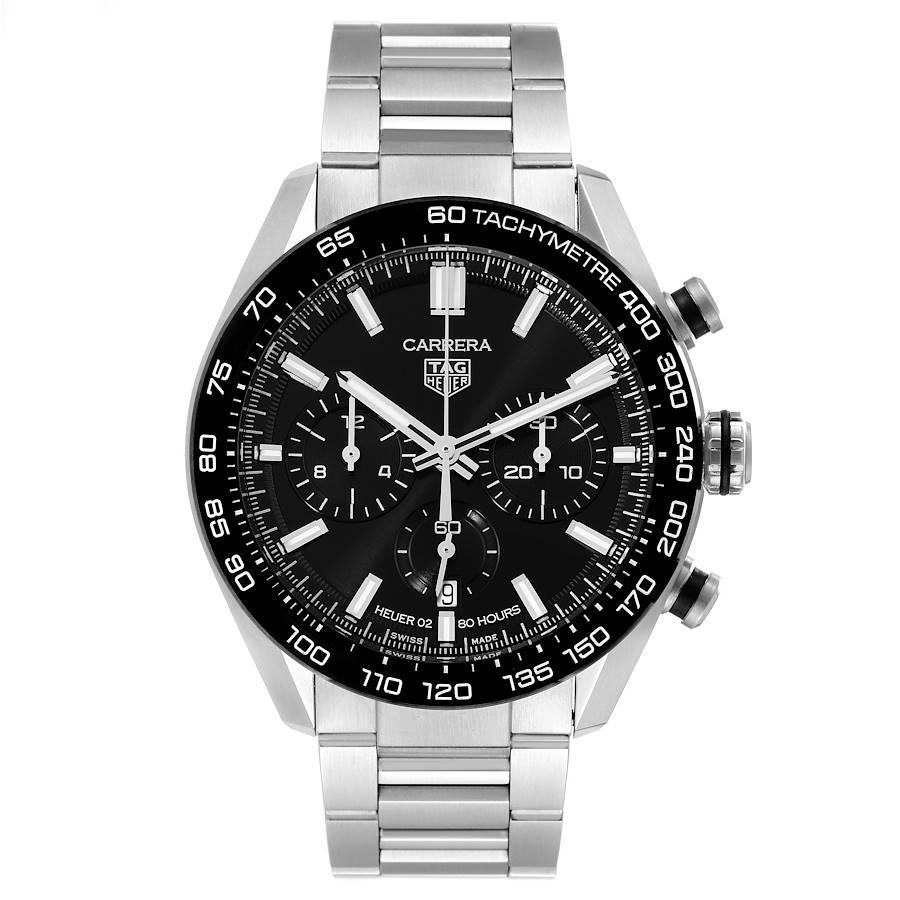 Tag Heuer Carrera Chronograph Black Dial Steel Mens Watch CBN2A1B Box Card. Automatic self-winding chronograph movement. Stainless steel round case 44.0 mm. Transparent sapphire crystal back. Black ceramic tachymeter scale bezel. Scratch resistant