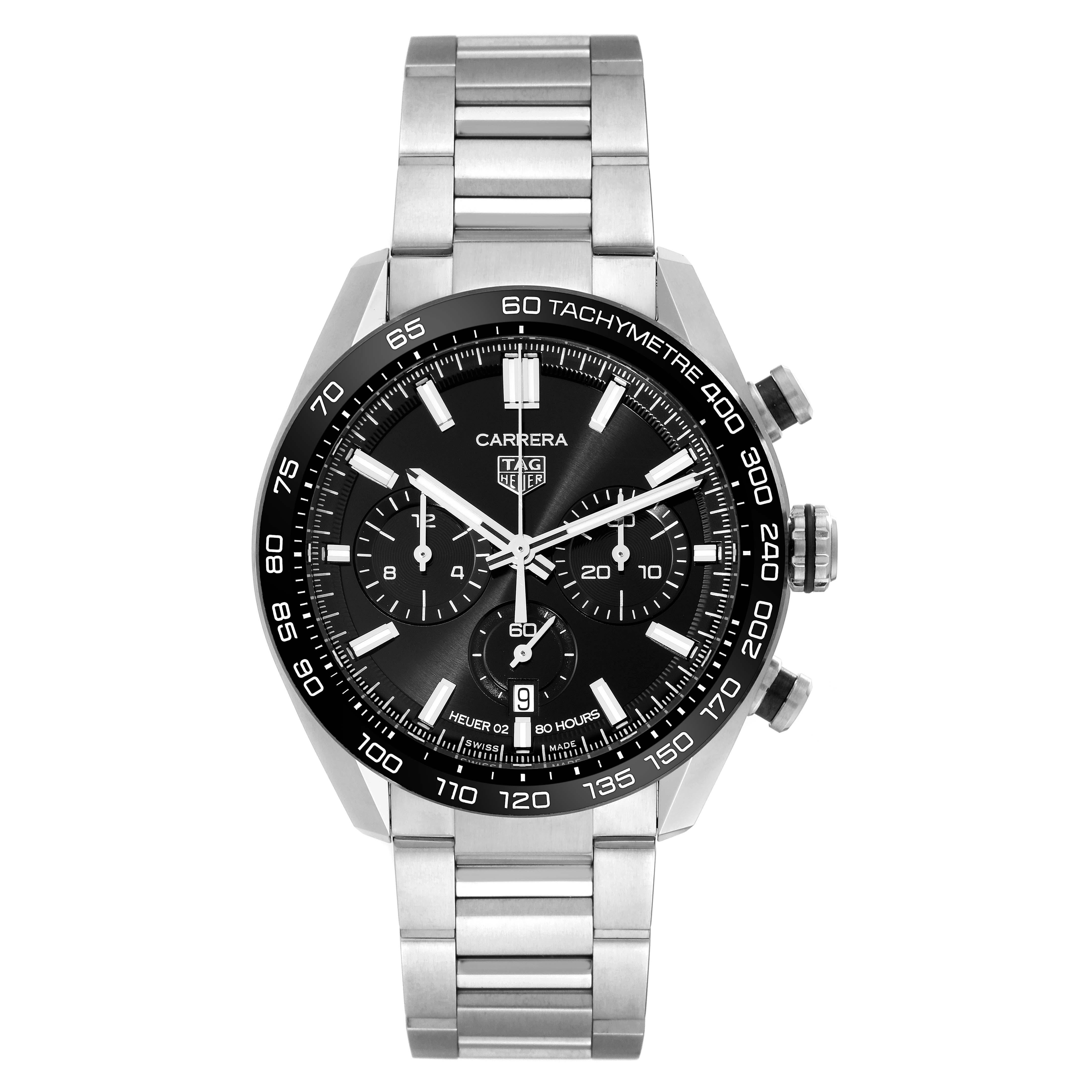 Tag Heuer Carrera Chronograph Black Dial Steel Mens Watch CBN2A1B Unworn. Automatic self-winding chronograph movement. Stainless steel round case 44.0 mm. Transparent exhibition sapphire crystal case back. Black ceramic tachymeter scale bezel.