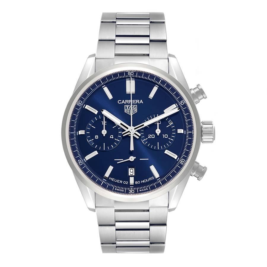 Tag Heuer Carrera Chronograph Blue Dial Steel Mens Watch CBN2011 Box Card. Automatic self-winding chronograph movement. Stainless steel round case 42.0 mm. Exhibition sapphire case back. Stainless steel smooth bezel. Scratch resistant sapphire