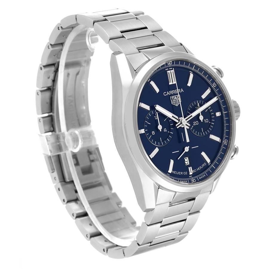Tag Heuer Carrera Chronograph Blue Dial Steel Mens Watch CBN2011 Box Card In Excellent Condition For Sale In Atlanta, GA