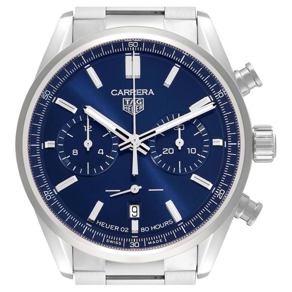 Tag Heuer Carrera Chronograph Blue Dial Steel Mens Watch CBN2011 Box Card For Sale