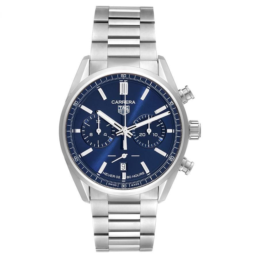 Tag Heuer Carrera Chronograph Blue Dial Steel Mens Watch CBN2011 Unworn. Automatic self-winding chronograph movement. Stainless steel round case 42.0 mm. Exhibition sapphire case back. Stainless steel smooth bezel. Scratch resistant sapphire