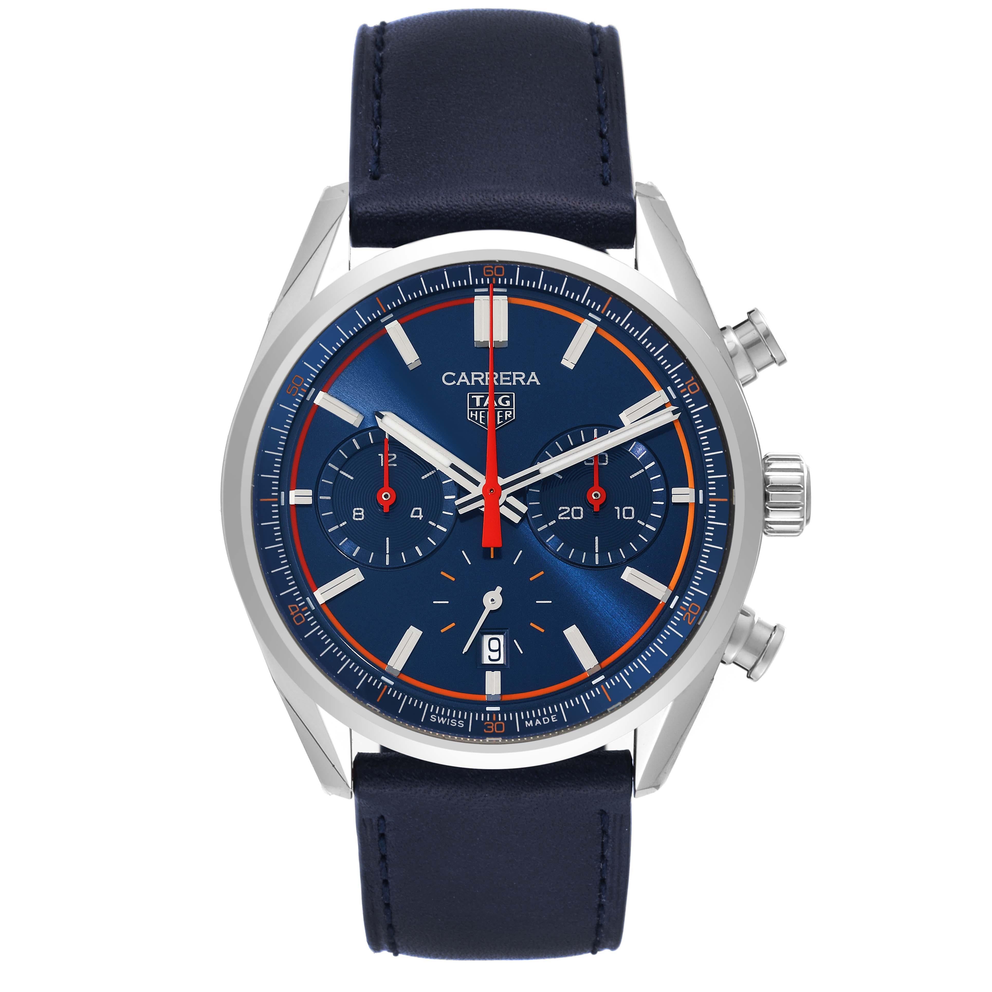 Tag Heuer Carrera Chronograph Blue Dial Steel Mens Watch CBN201D Unworn. Automatic self-winding chronograph movement. Polished stainless steel case 42.0 mm in diameter. Transparent exhibition sapphire crystal caseback. Polished stainless steel