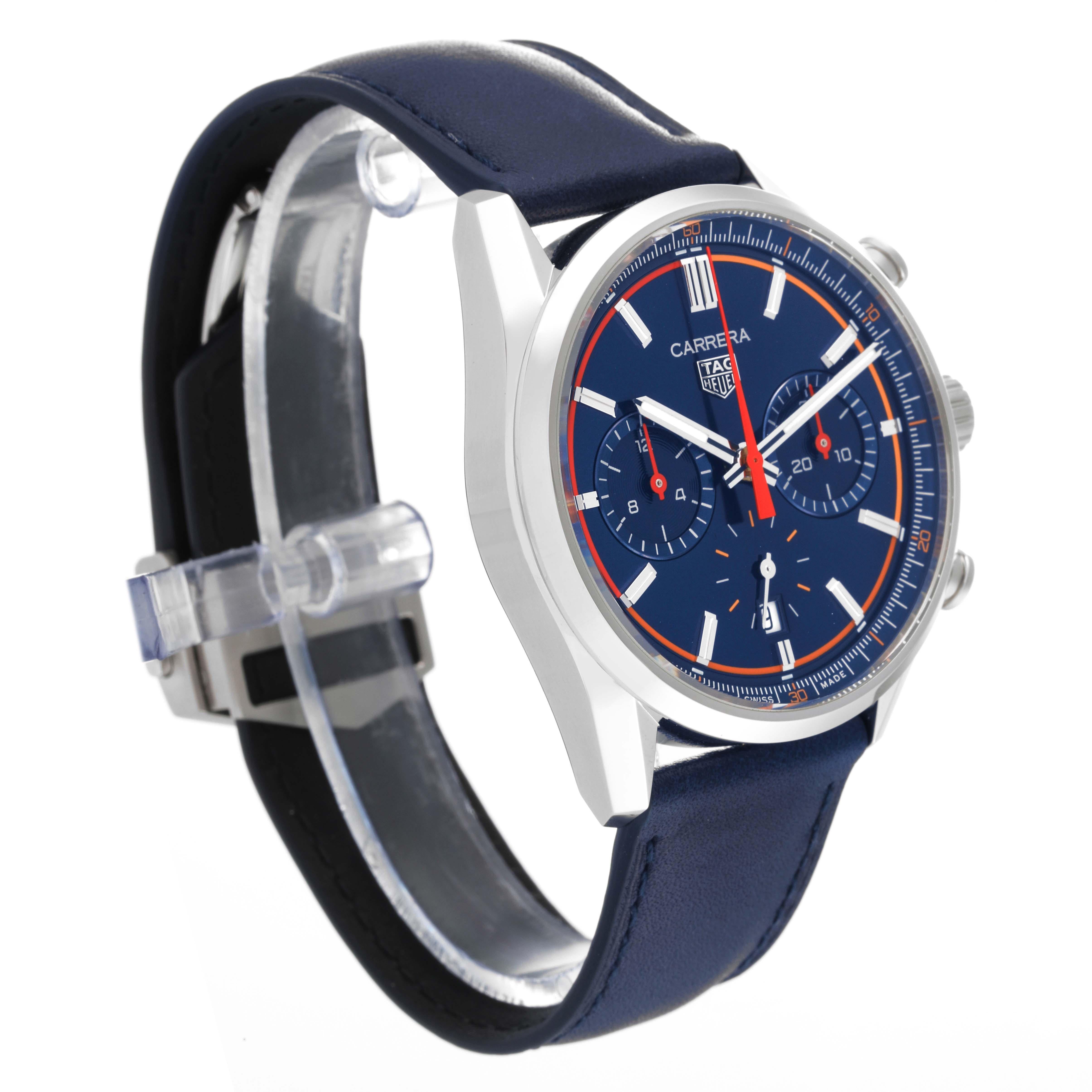 Tag Heuer Carrera Chronograph Blue Dial Steel Mens Watch CBN201D Unworn In Excellent Condition For Sale In Atlanta, GA