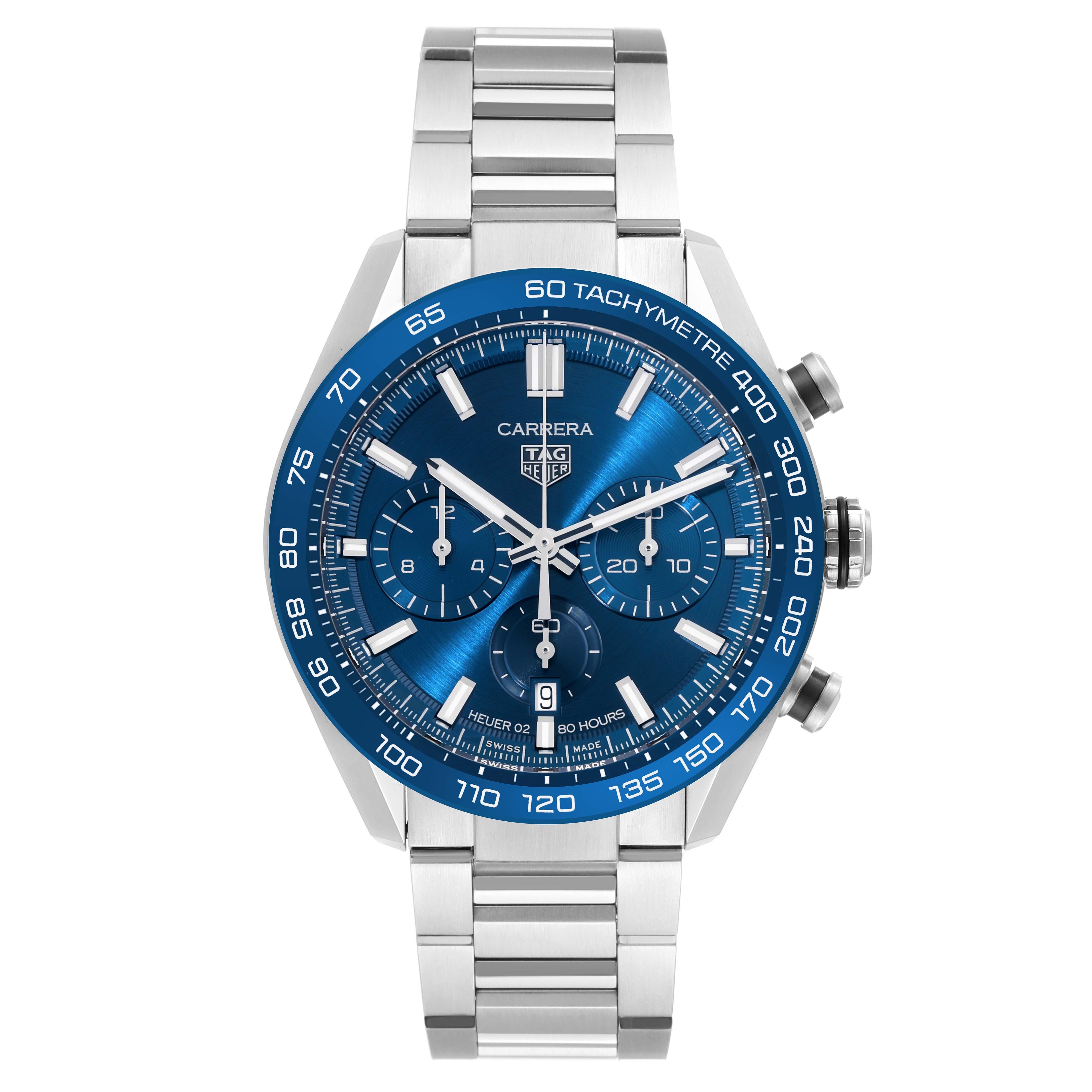 Tag Heuer Carrera Chronograph Blue Dial Steel Mens Watch CBN2A1A Box Card. Automatic self-winding chronograph movement. Stainless steel round case 44.0 mm. Transparent exhibition sapphire crystal caseback. Blue ceramic tachymeter scale bezel.