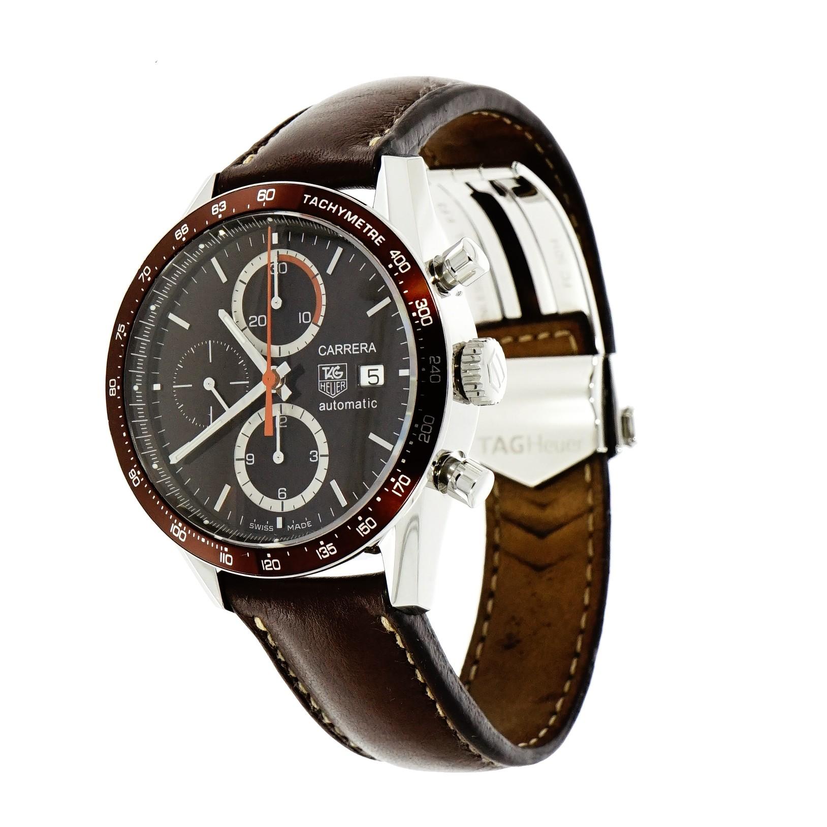 Pre-owned in very good condition Tag Heuer Carrera Chronograph, stainless steel 41.5 mm case, fixed tachymeter scale brown ion plated aluminum bezel, brown dial with luminous hands and index hour markers, minute markers around the outer rim, date at