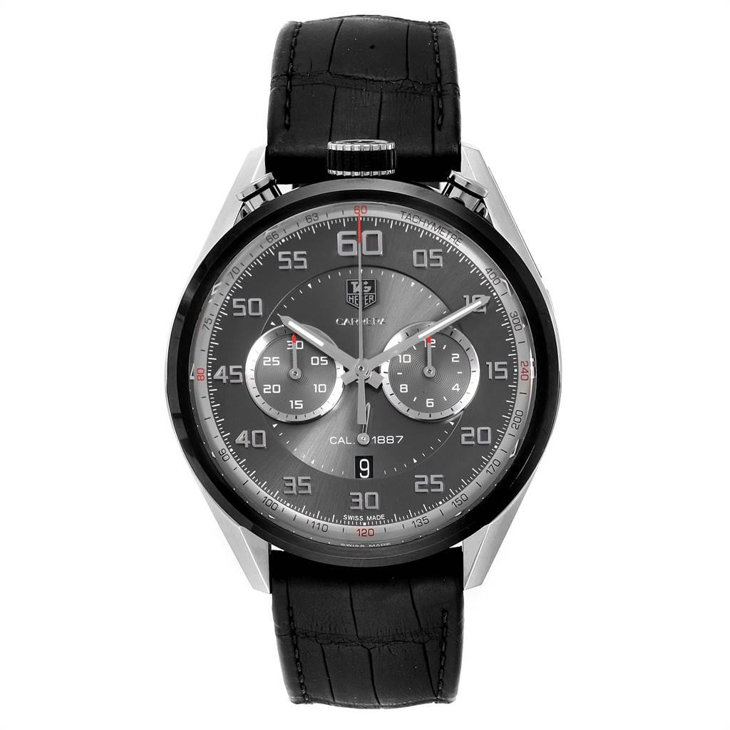 Tag Heuer Carrera Chronograph Gray Dial Mens Watch CAR2C12 Box Card. Automatic self-winding chronograph movement. Black Titanium Carbide and Stainless steel case 45 mm in diameter. Scratch-resistant smoked sapphire crystal exhibition caseback. Black
