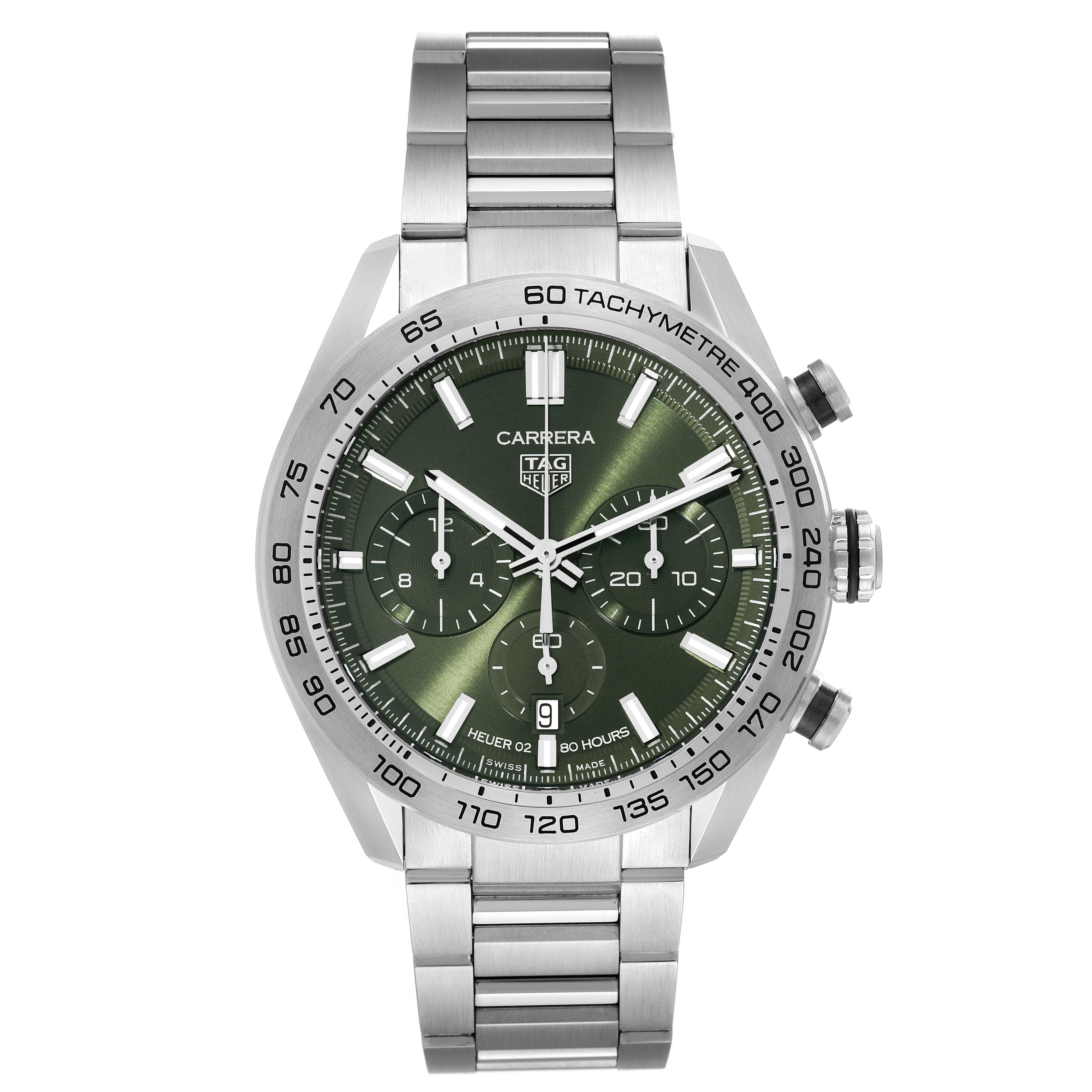 Tag Heuer Carrera Chronograph Green Dial Steel Mens Watch CBN2A10 Box Card For Sale 6