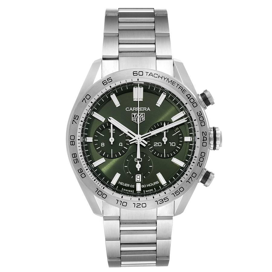 Tag Heuer Carrera Chronograph Green Dial Steel Mens Watch CBN2A10 Unworn. Automatic self-winding chronograph movement. Stainless steel round case 44.0 mm. Transparent sapphire crystal back. Stainless steel bezel with tachymeter scale. Scratch