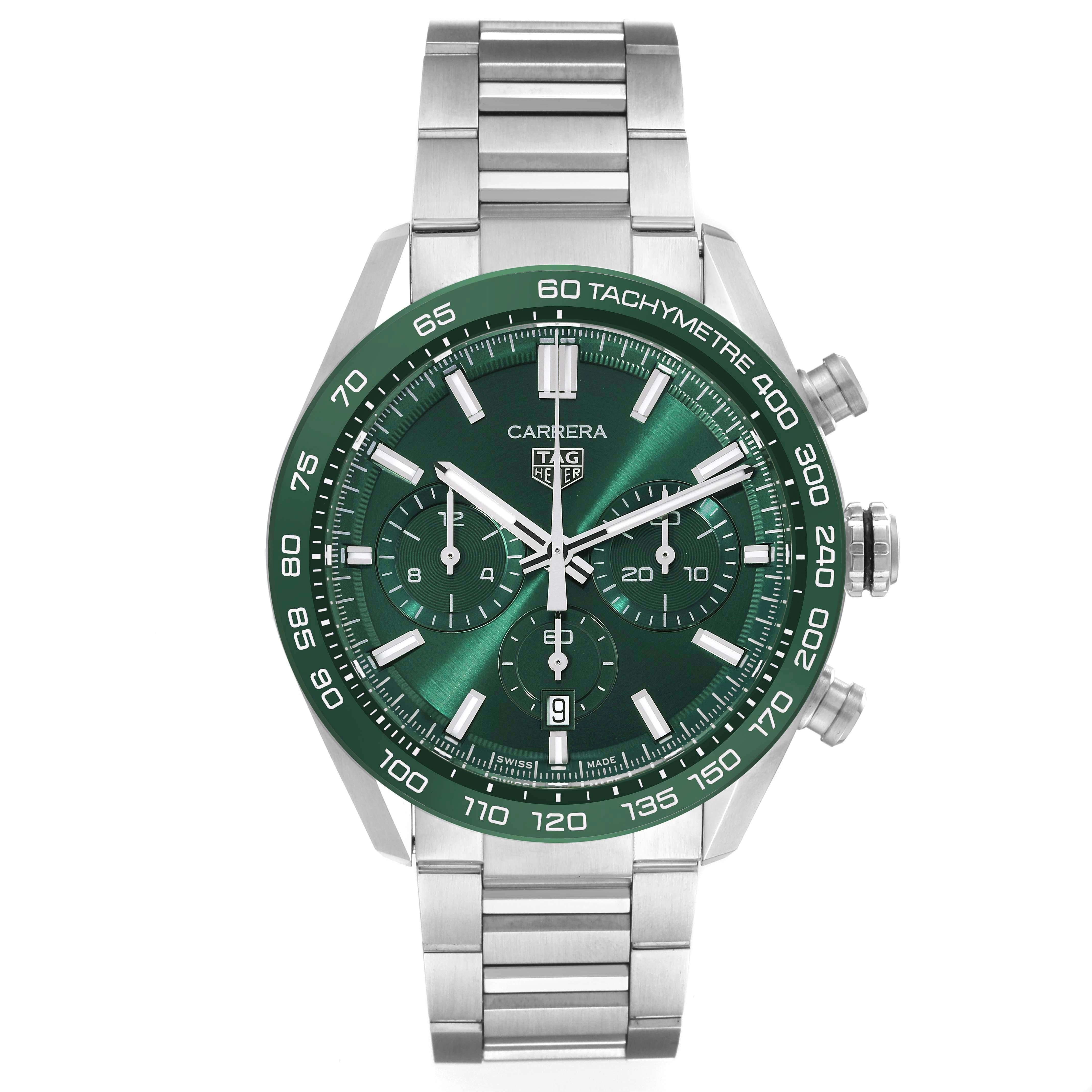 Tag Heuer Carrera Chronograph Green Dial Steel Mens Watch CBN2A1N Unworn. Automatic self-winding chronograph movement. Stainless steel round case 44.0 mm. Transperent sapphire crystal back. Green ceramic tachymeter scale bezel. Scratch resistant