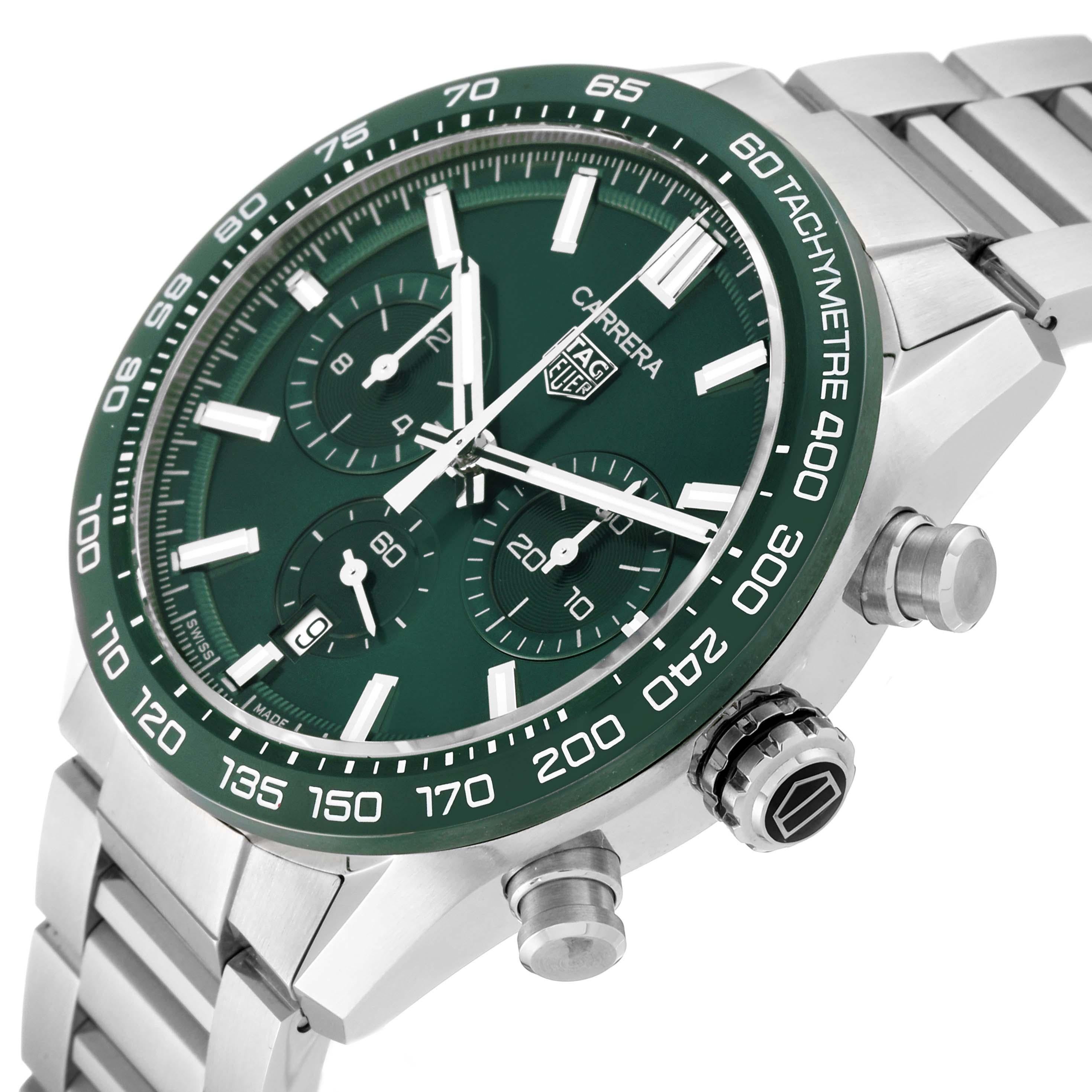 Tag Heuer Carrera Chronograph Green Dial Steel Mens Watch CBN2A1N Unworn. Automatic self-winding chronograph movement. Stainless steel round case 44.0 mm. Transparent exhibition sapphire crystal caseback. Green ceramic tachymeter scale bezel.