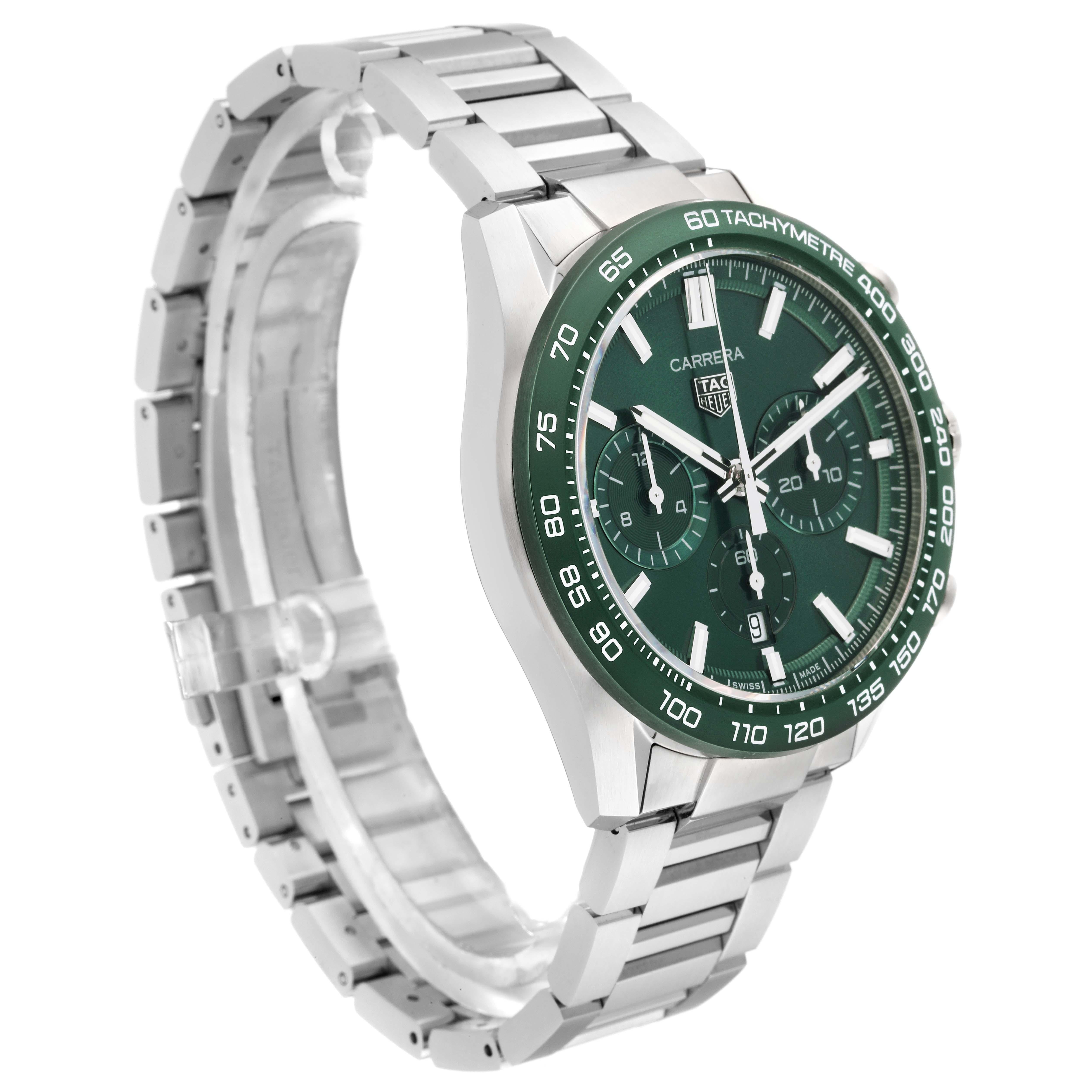 Tag Heuer Carrera Chronograph Green Dial Steel Mens Watch CBN2A1N Unworn In Excellent Condition In Atlanta, GA