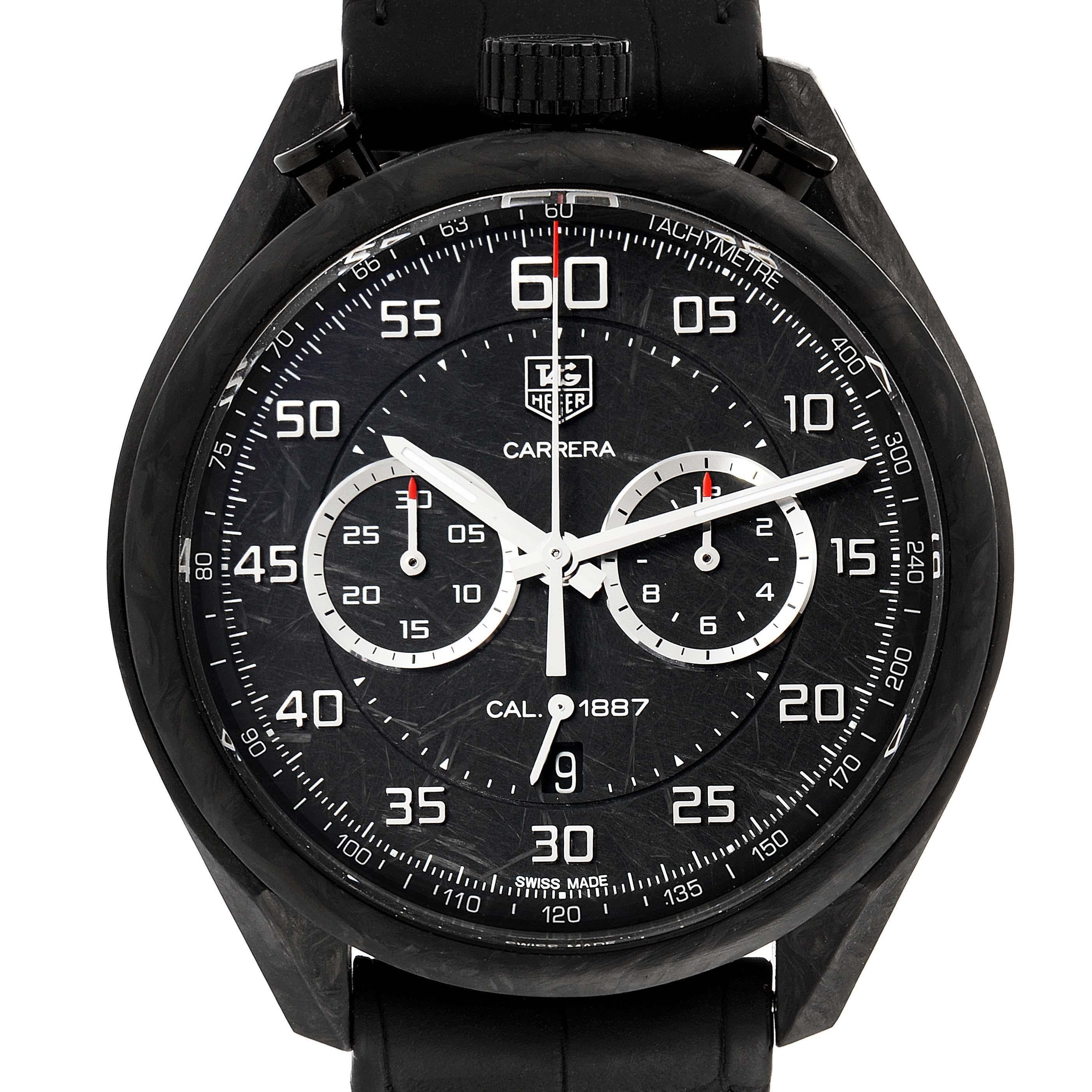 Tag Heuer Carrera Chronograph Grey Dial Carbon Mens Watch CAR2C90. Automatic self-winding chronograph movement. Black carbon matrix composite case 45 mm in diameter. Scratch-resistant smoked sapphire crystal exhibition caseback. Black carbon smooth
