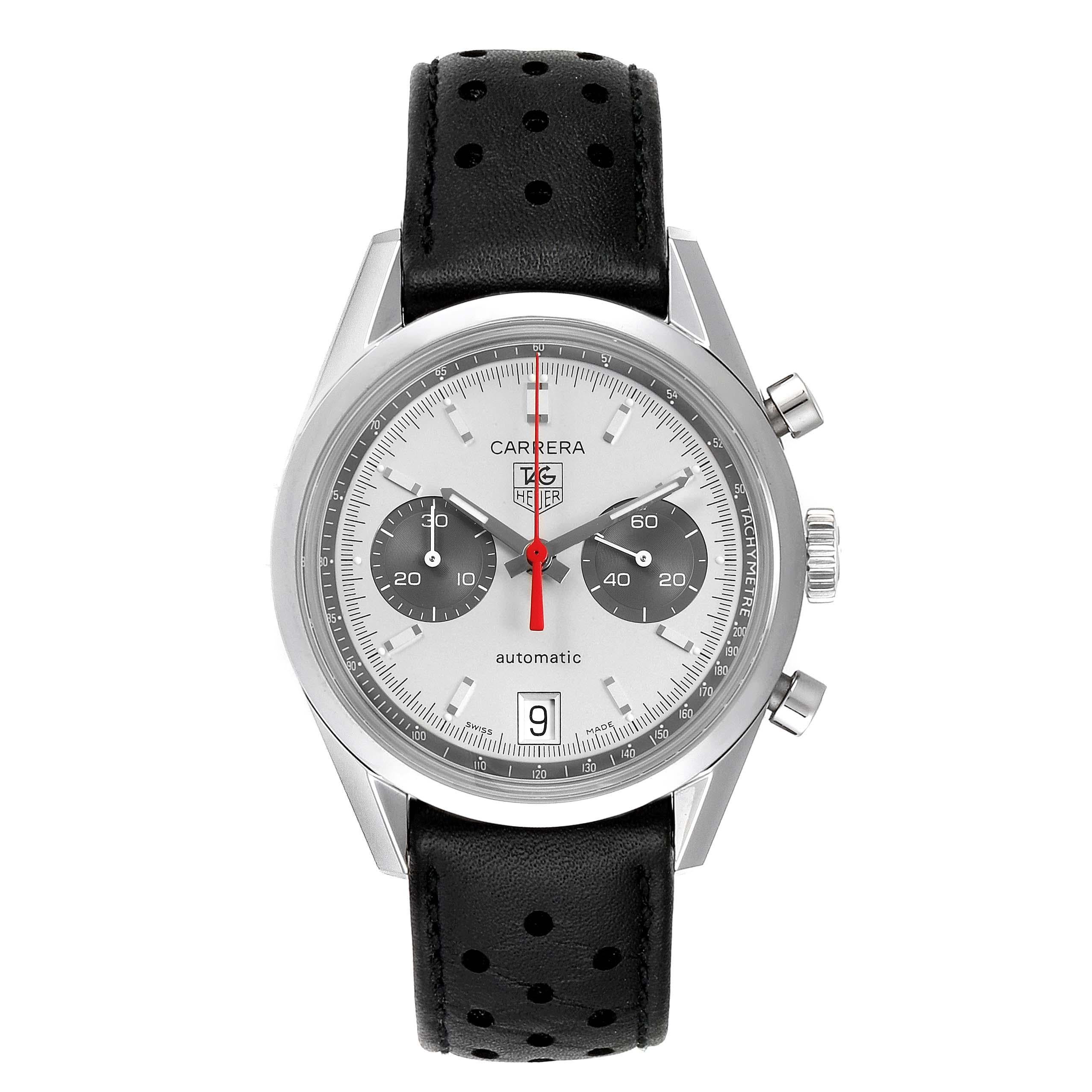 Tag Heuer Carrera Chronograph Limited Edition Mens Watch CV2117 Box Card. Automatic self-winding chronograph movement. Stainless steel case 39 mm in diameter. Stainless steel bezel. Scratch resistant sapphire crystal. Silver dial with raised baton