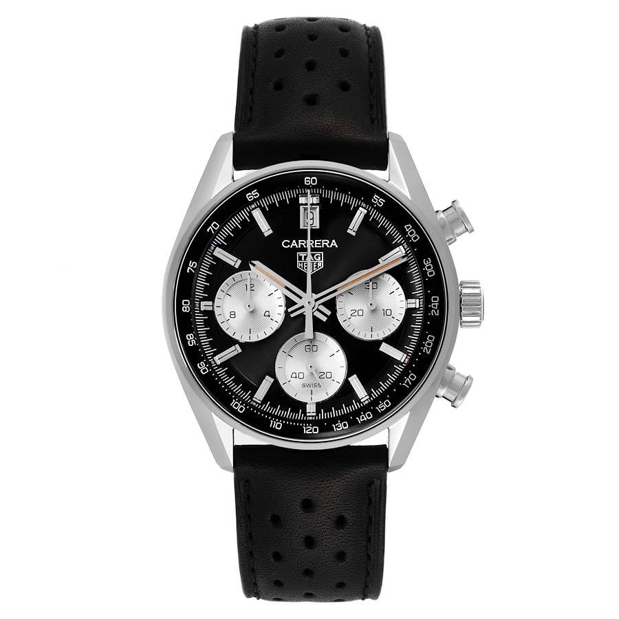 Tag Heuer Carrera Chronograph Reverse Panda Dial Mens Watch CBS2210 Box Card. Automatic self-winding chronograph movement. Stainless steel case 39.0 mm in diameter. Tranparent exhibition sapphire caseback. . Scratch resistant 