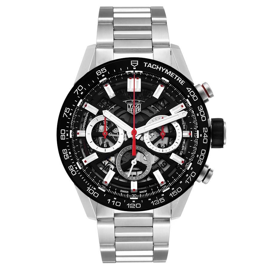 Tag Heuer Carrera Chronograph Skeleton Dial Mens Watch CBG2010 Box Card. Automatic self-winding chronograph movement. Stainless steel case 43.0 mm in diameter. Exhibition sapphire case back. Crown with black rubber grip. Black stainless steel bezel
