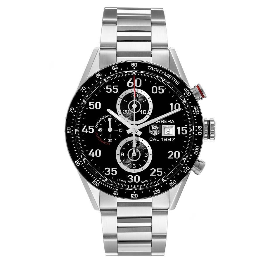 Tag Heuer Carrera Chronograph Steel Black Dial Mens Watch CAR2A10. Automatic self-winding movement. Polished stainless steel case 43.0 mm in diameter. Transparent sapphire case back. Stainless steel bezel with black tachymeter insert. Scratch
