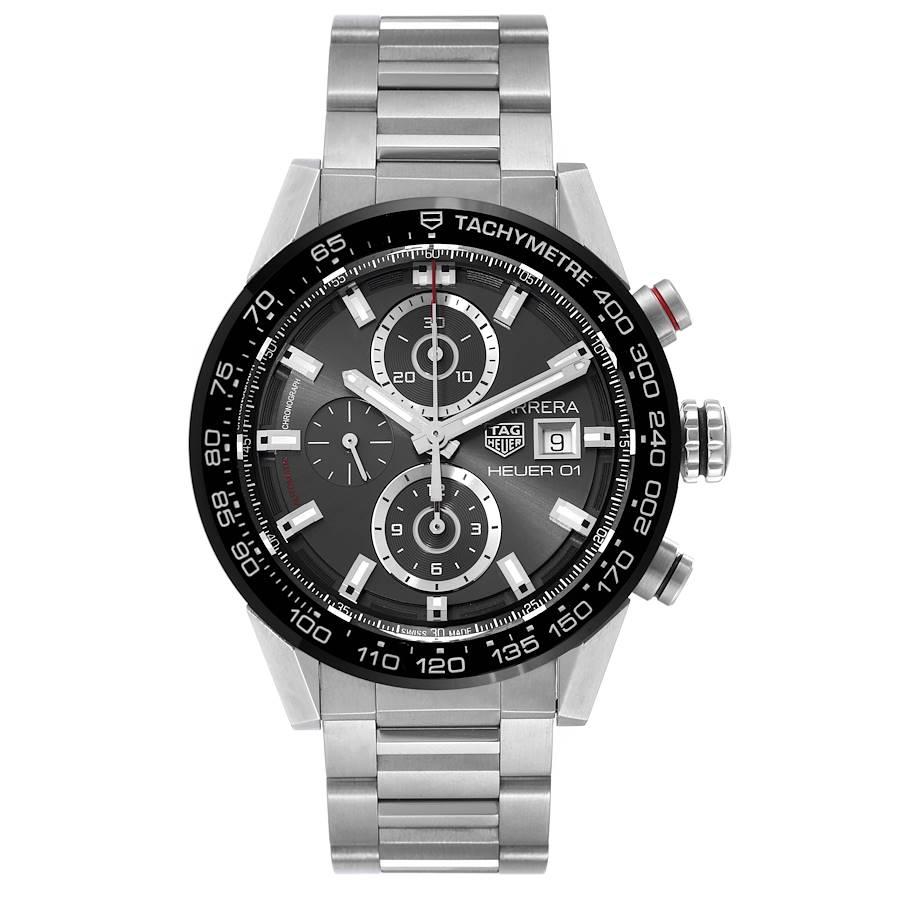 Tag Heuer Carrera Chronograph Steel Mens Watch CAR201W Box Card. Automatic self-winding chronograph movement. Stainless steel case 43.0 mm. Exhibition sapphire crystal case back. Black bezel with tachymeter scale. Scratch resistant sapphire crystal.