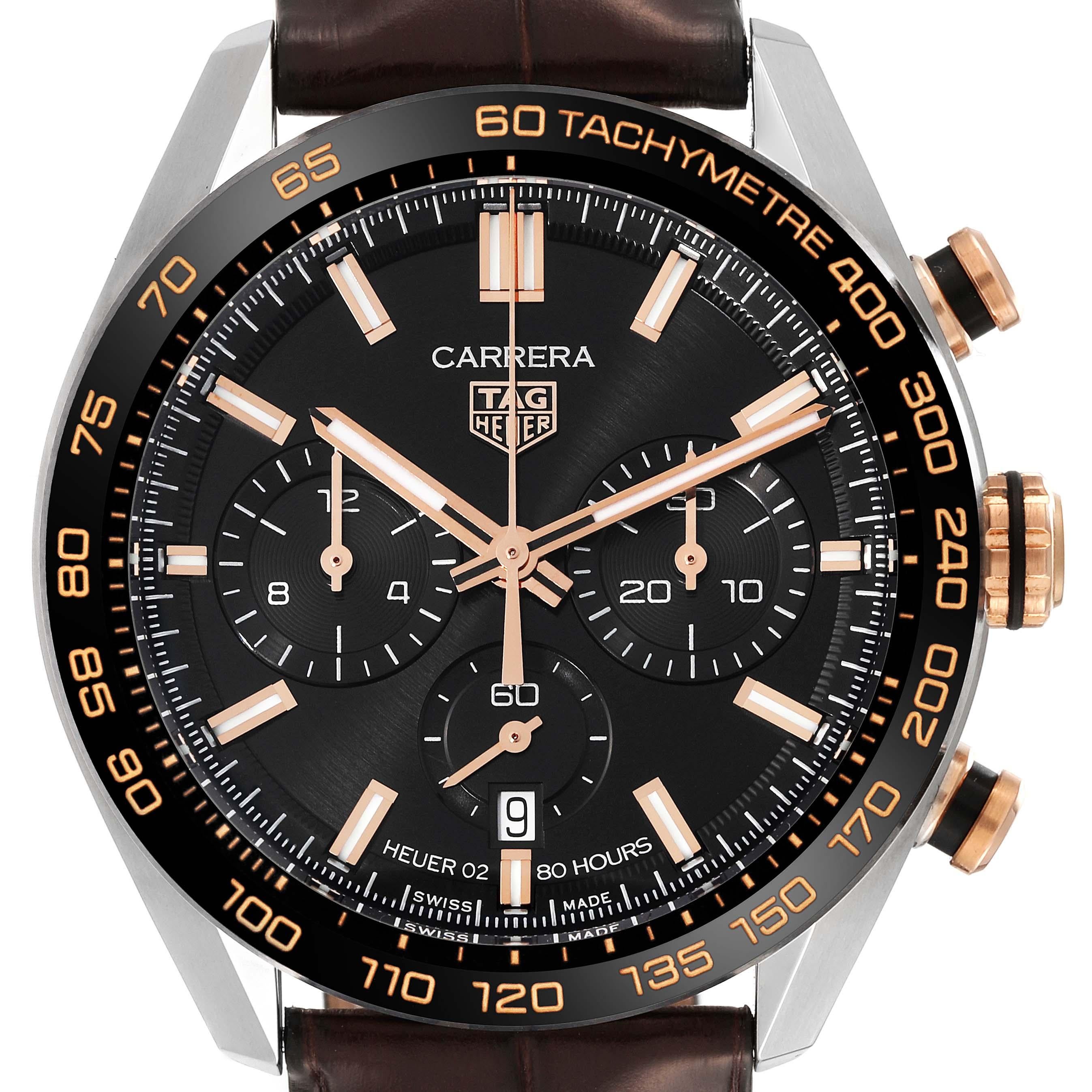 Tag Heuer Carrera Chronograph Steel Rose Gold Mens Watch CBN2A5A Box Card. Automatic self-winding chronograph movement. Stainless steel  44.0 mm in diameter case. Rose gold crown and pushers. Transparent exhibition sapphire caseback. Black ceramic