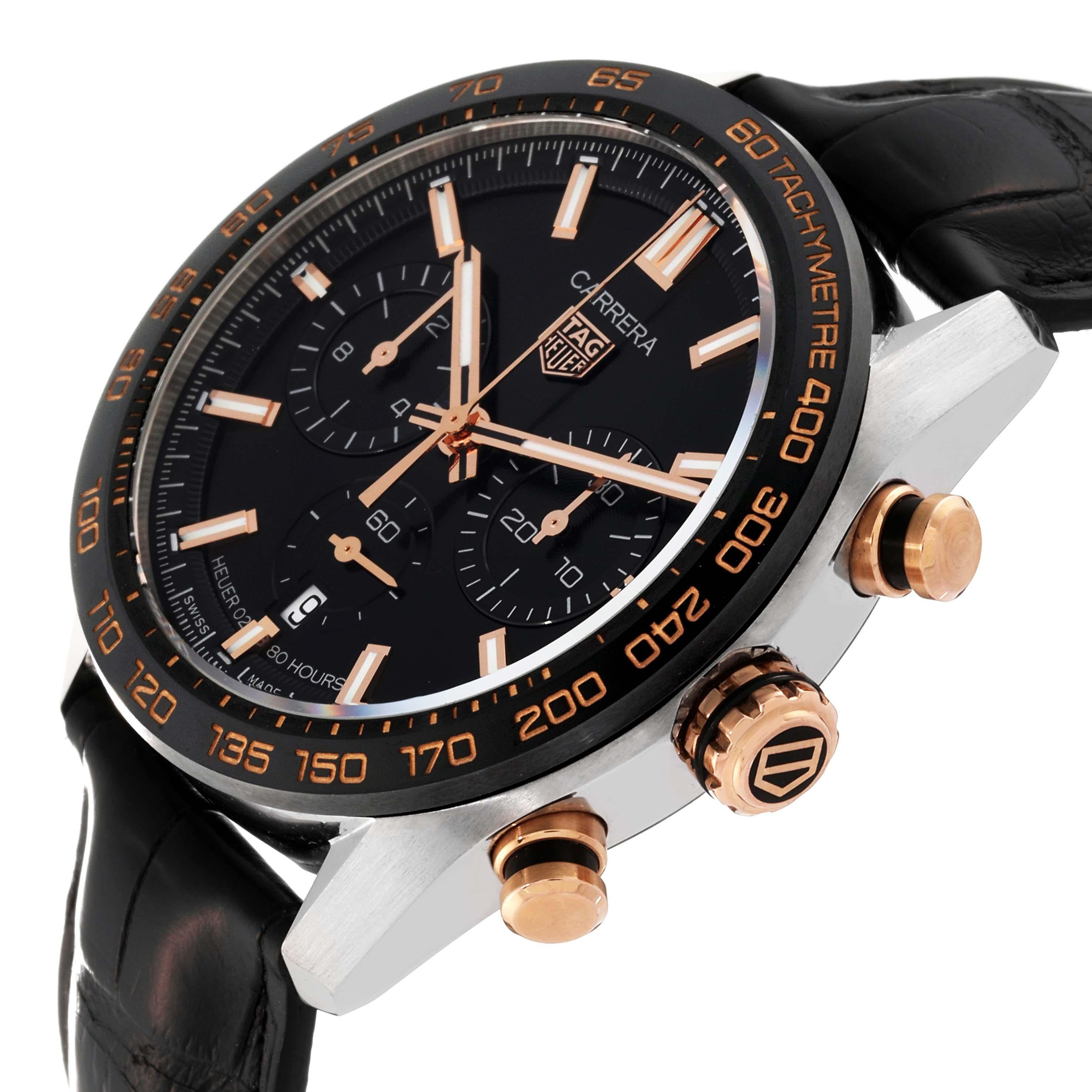 Men's Tag Heuer Carrera Chronograph Steel Rose Gold Mens Watch CBN2A5A Box Card For Sale