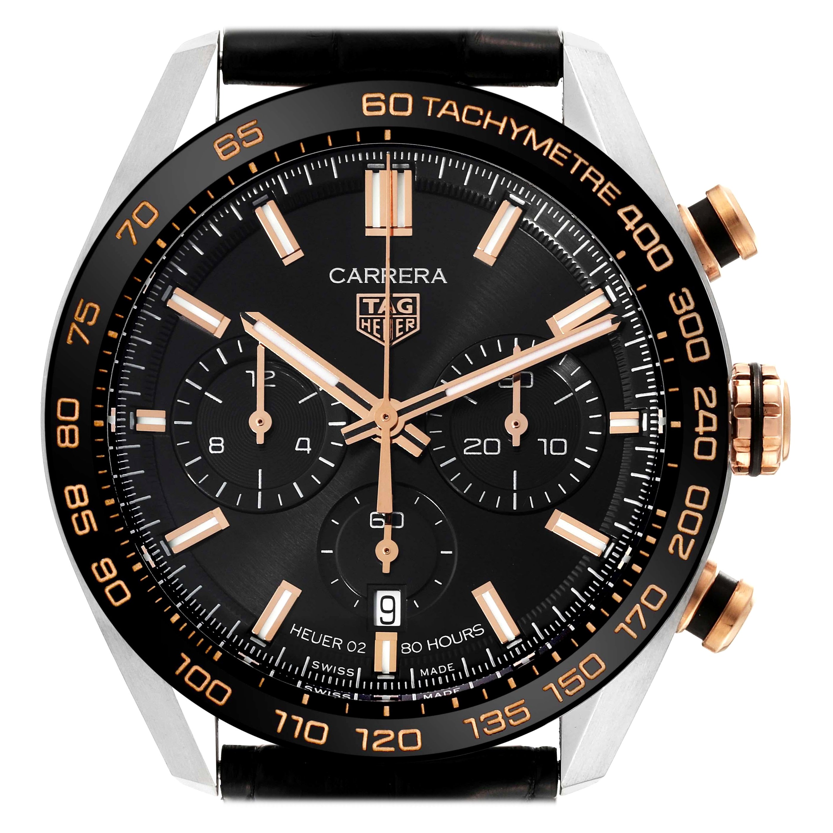 Tag Heuer Carrera Chronograph Steel Rose Gold Mens Watch CBN2A5A Box Card