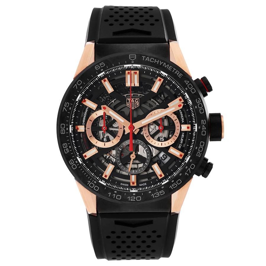 Tag Heuer Carrera Chronograph Steel Skeleton Dial Mens Watch CBG2052 Box Card. Automatic self-winding chronograph movement. Steel and Gold PVD case 43.0 mm. Exhibition sapphire crystal case back. Black carbon bezel with tachymeter scale. Scratch