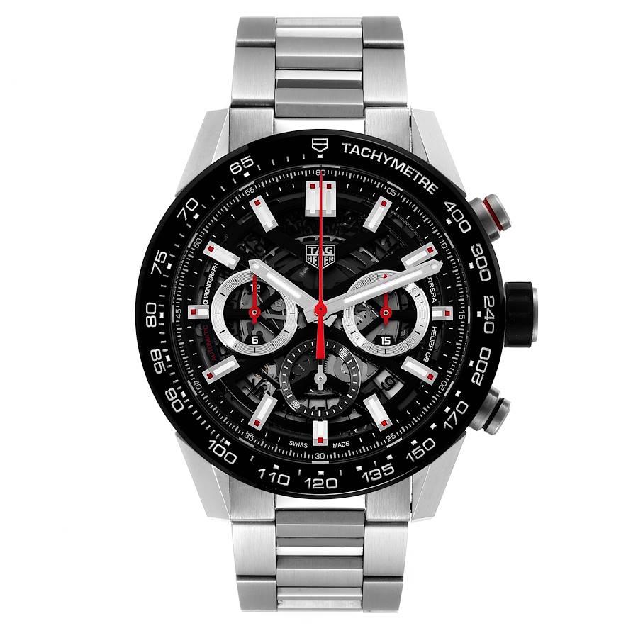 Tag Heuer Carrera Chronograph Steel Skeleton Dial Mens Watch CBG2A10 Box Card. Automatic self-winding chronograph movement. Stainless steel case 45.0 mm. Exhibition sapphire crystal case back. Black ceramic bezel with tachymeter scale. Scratch