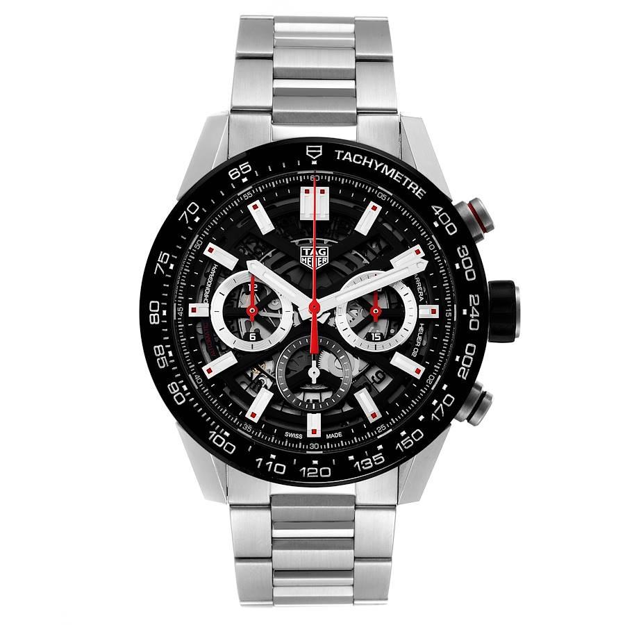 Tag Heuer Carrera Chronograph Steel Skeleton Dial Mens Watch CBG2A10 Box Card. Automatic self-winding chronograph movement. Stainless steel case 45.0 mm. Exhibition sapphire crystal case back. Black ceramic bezel with tachymeter scale. Scratch
