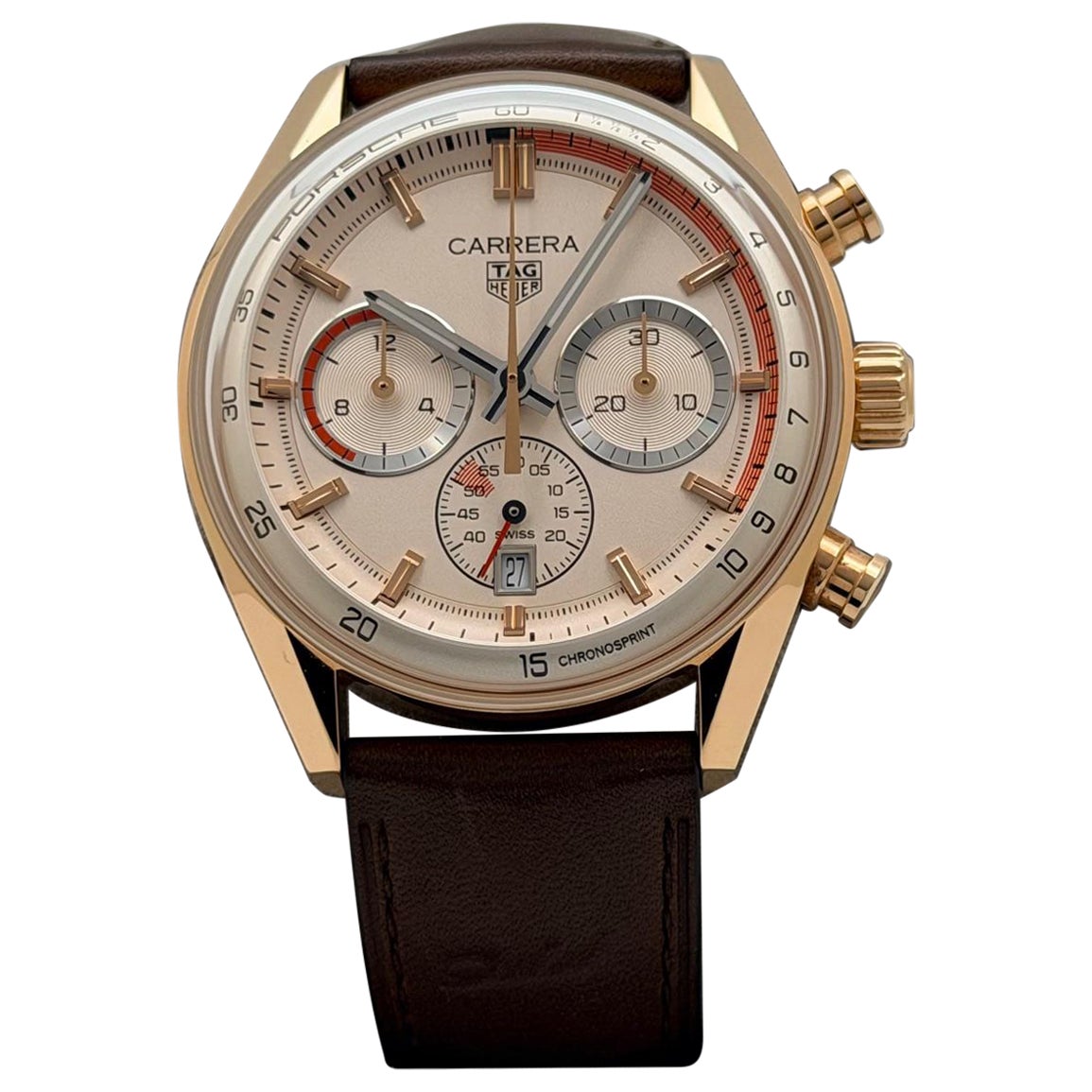 TAG Heuer Carrera Chronosprint Porsche CBS2040.FC8318 42mm Beige 18k Rose Gold For Sale