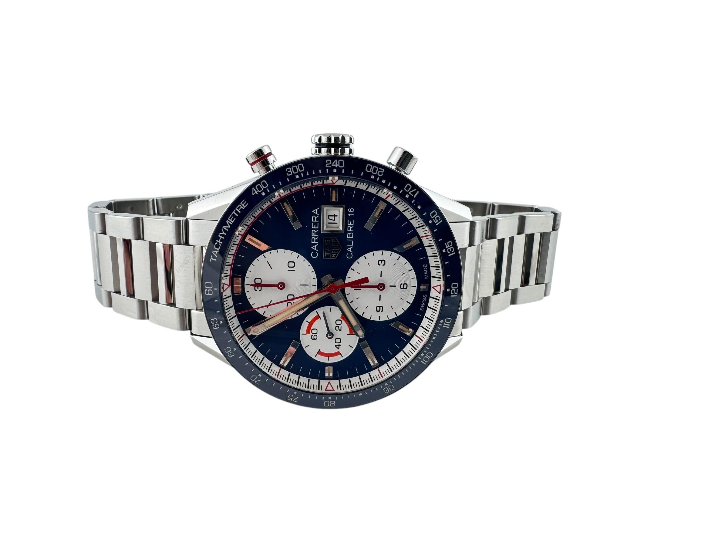 TAG Heuer Carrera Men's Watch

Model: CV201AR0
Serial: WAX3862

This stylish men's TAG Heuer Carrera watch is set in stainless steel

Blue chrono dial with silver, white and black accents. Date

Blue bezel

41mm case

Stainless bracelet in excellent