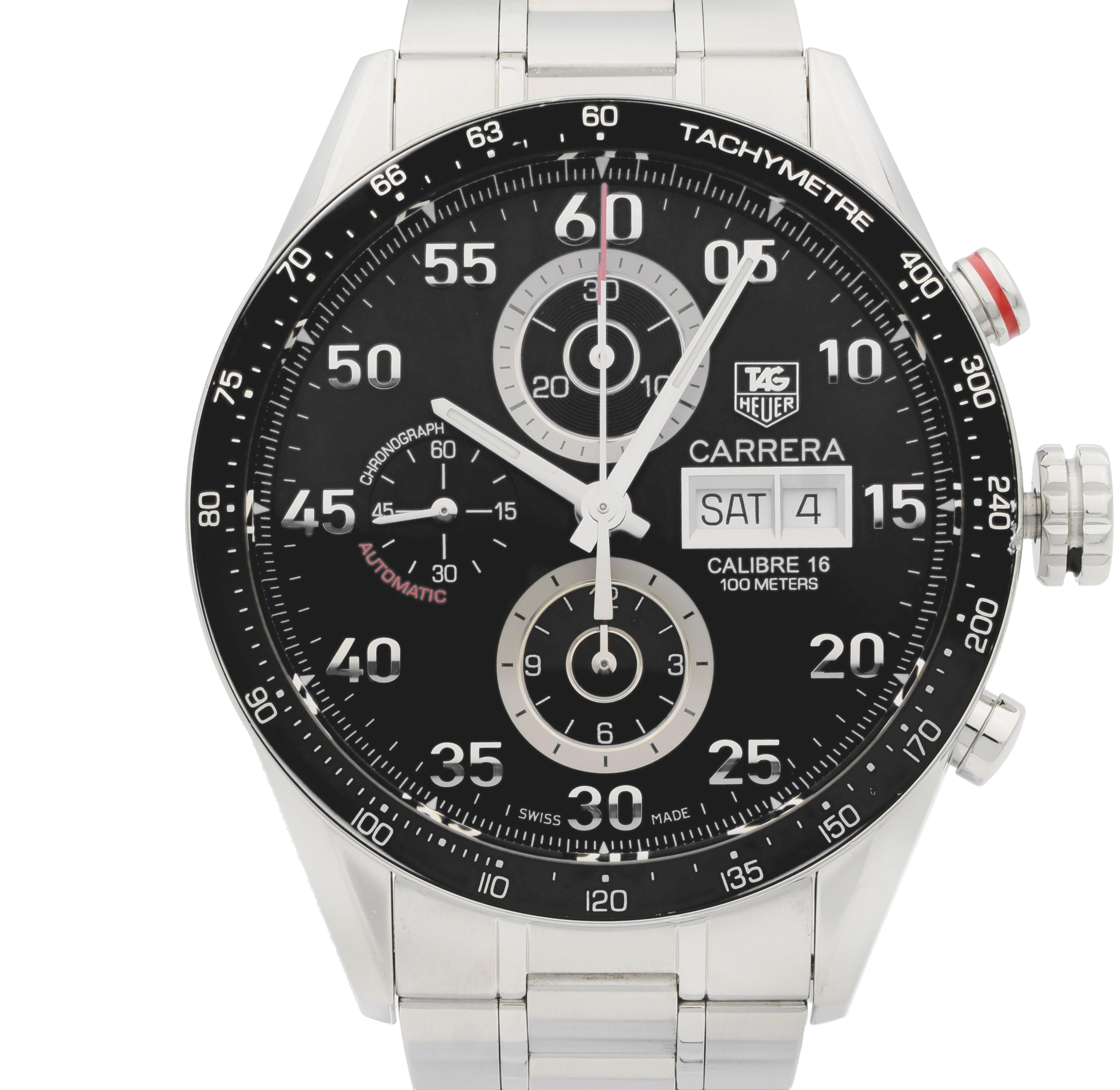 This pre-owned TAG Heuer Carrera  CV2A10.BA0796 is a beautiful men's timepiece that is powered by mechanical (automatic) movement which is cased in a stainless steel case. It has a round shape face, chronograph, day & date, small seconds subdial,