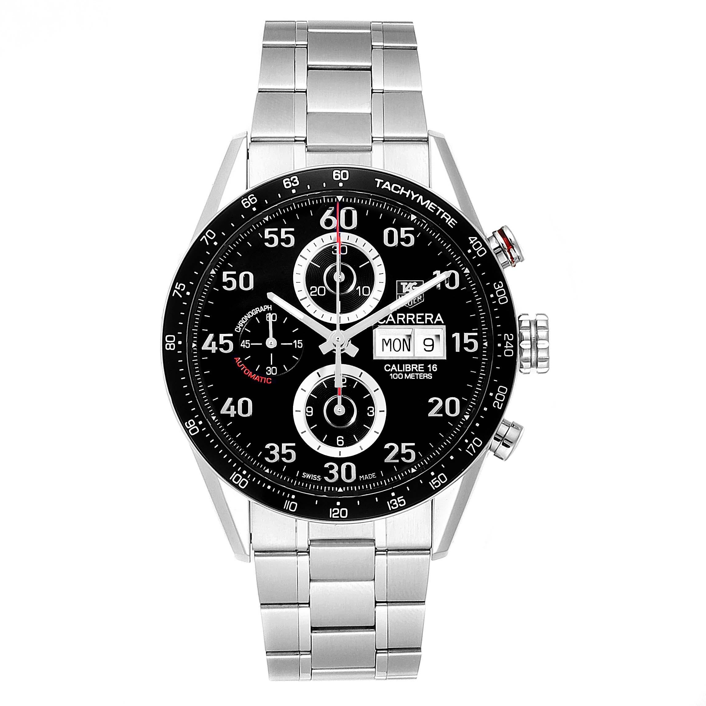 Tag Heuer Carrera Day Date Black Dial Steel Mens Watch CV2A10. Automatic self-winding movement. Polished stainless steel case 43.0 mm. Case thickness: 12 mm. Black bezel with tachymeter scale. Scratch resistant sapphire crystal. Black dial with