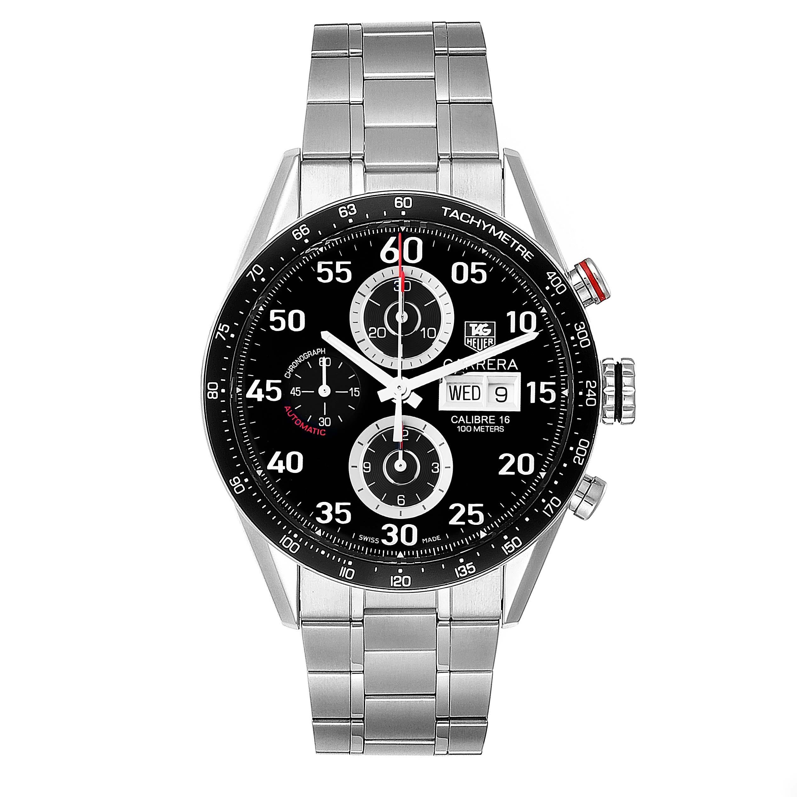 Tag Heuer Carrera Day Date Chronograph Steel Mens Watch CV2A10 Box Card. Automatic self-winding chronograph movement. Stainless steel case 43.0 mm. Case thickness: 12 mm. Black bezel with tachymeter scale. All the photos are of the actual watch for