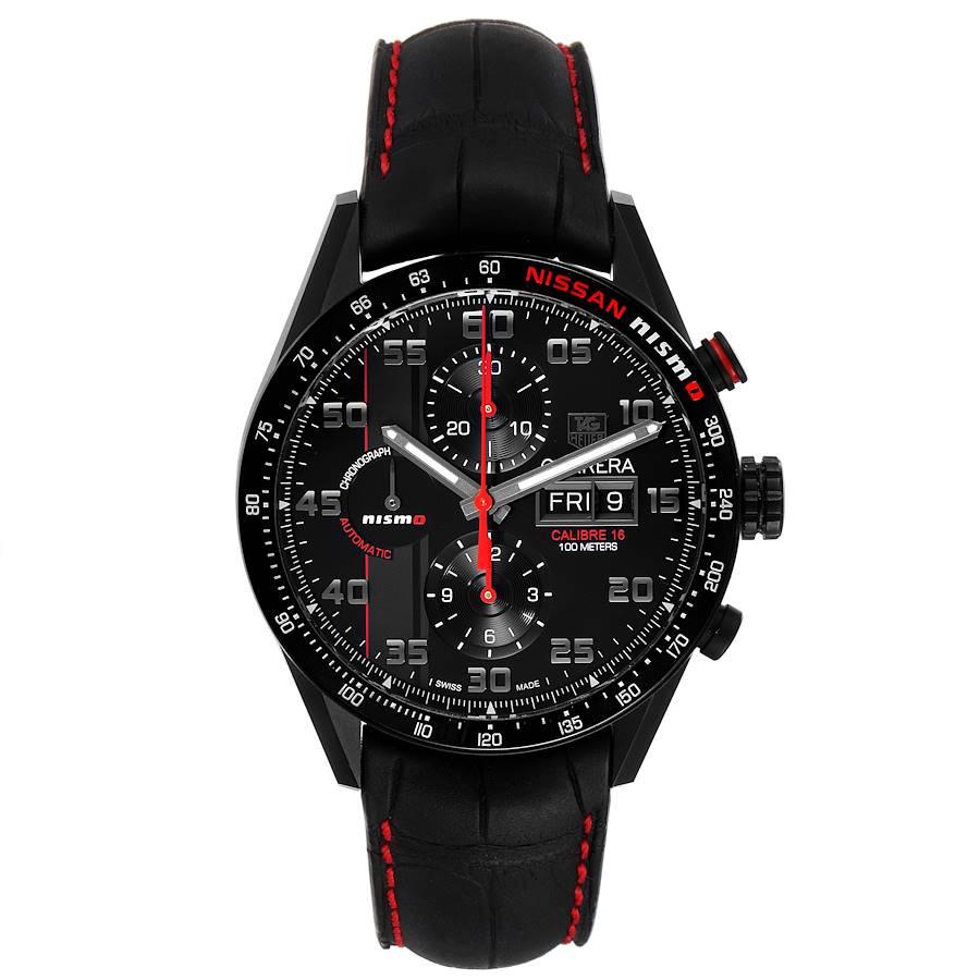 Tag Heuer Carrera Day Date LE Nissan NISMO Mens Watch CV2A82 Box Card. Automatic self-winding chronograph movement. PVD coated titanium case 43.0 mm. Transperent sapphire crystal case back. Black bezel with engraved tachymeter. Scratch resistant