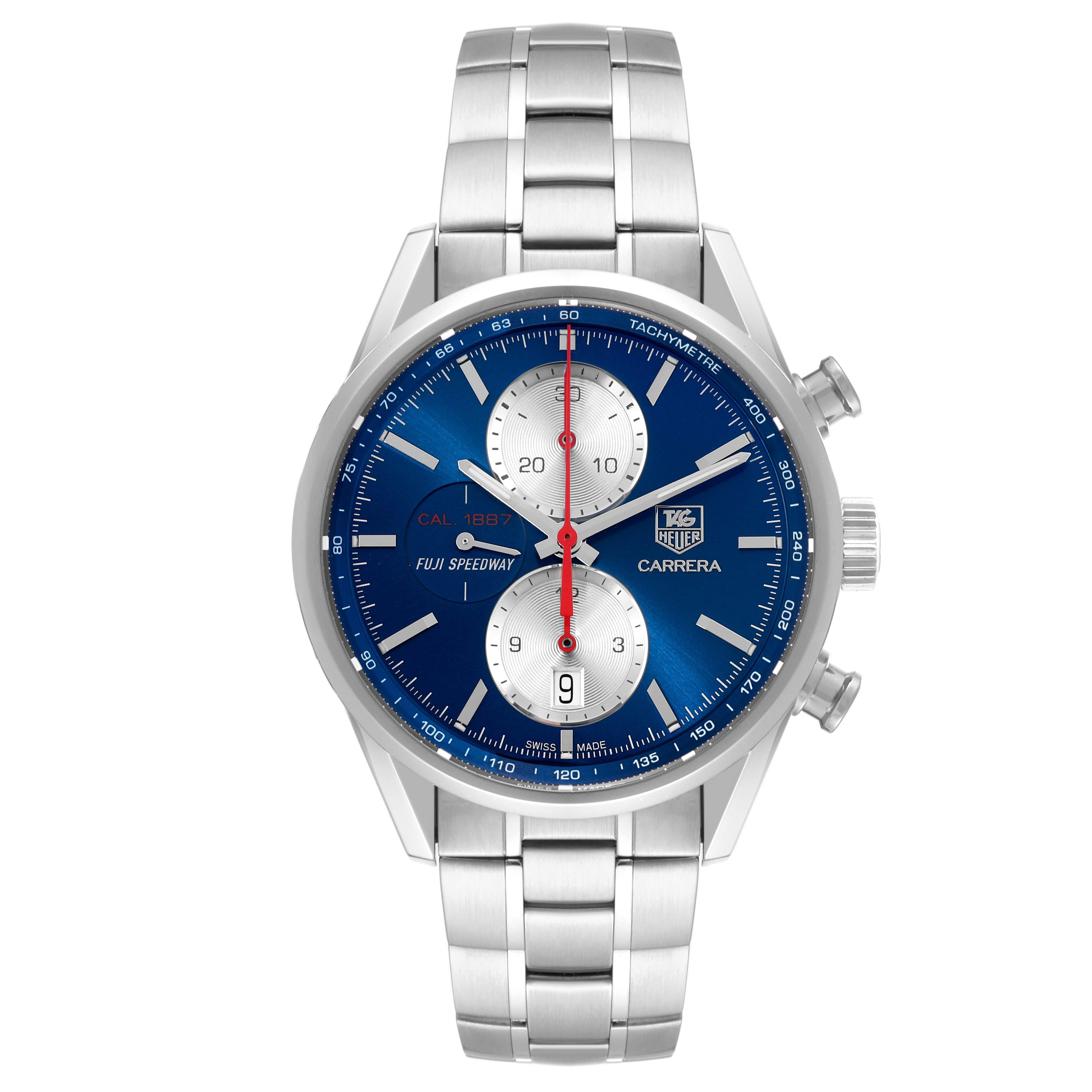 Tag Heuer Carrera Fuji Speedway Limited Edition Steel Mens Watch CAR211B Box Card. Automatic self-winding chronograph movement. Stainless steel round case 41.0 mm. Exhibition transparent sapphire crystal caseback. Stainless steel bezel. Scratch