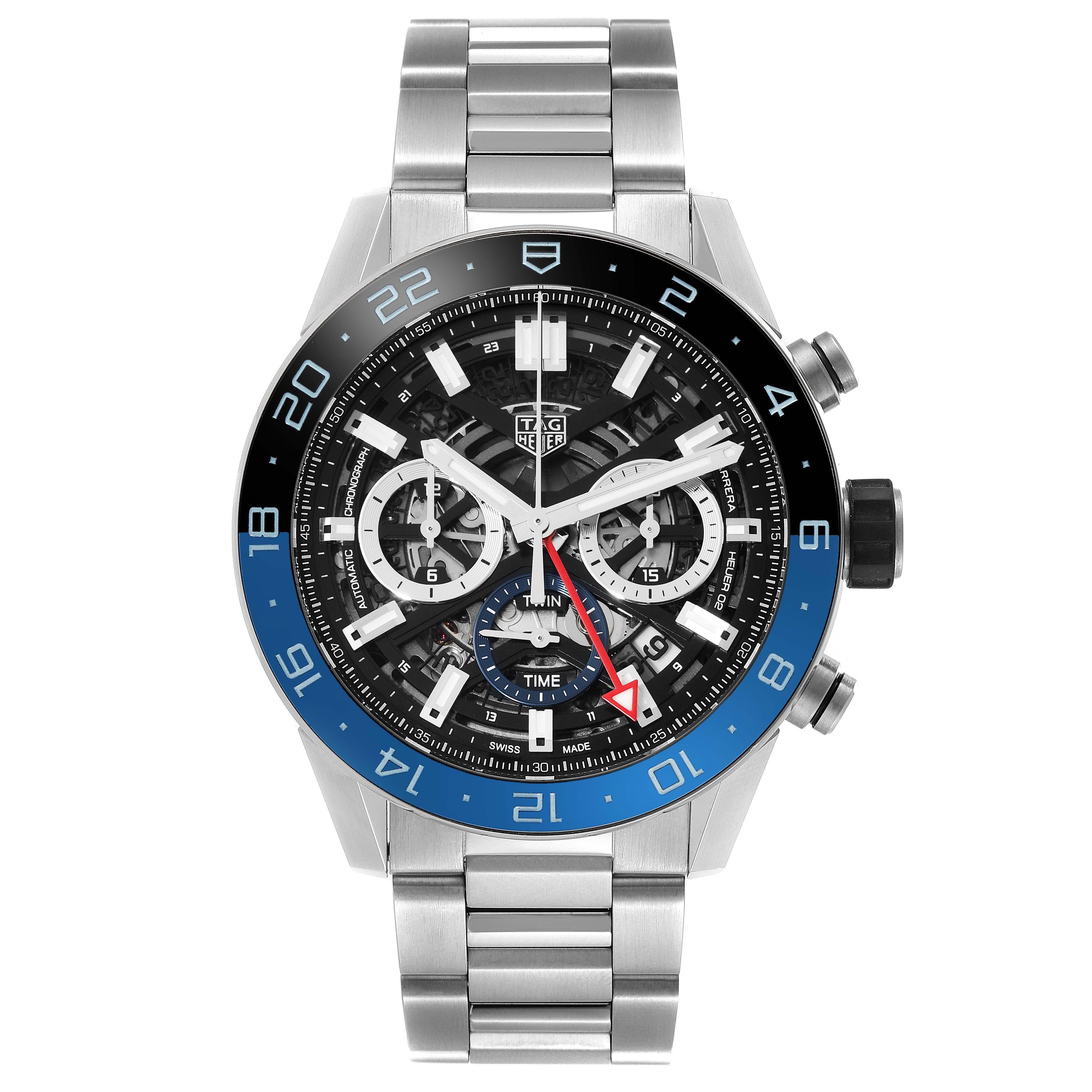 Tag Heuer Carrera GMT Batman Bezel Steel Mens Watch CBG2A1Z Box Card. Automatic self-winding chronograph movement with GMT function. Stainless steel case 45.0 mm. Transparent exhibition sapphire crystal caseback. Black and blue 