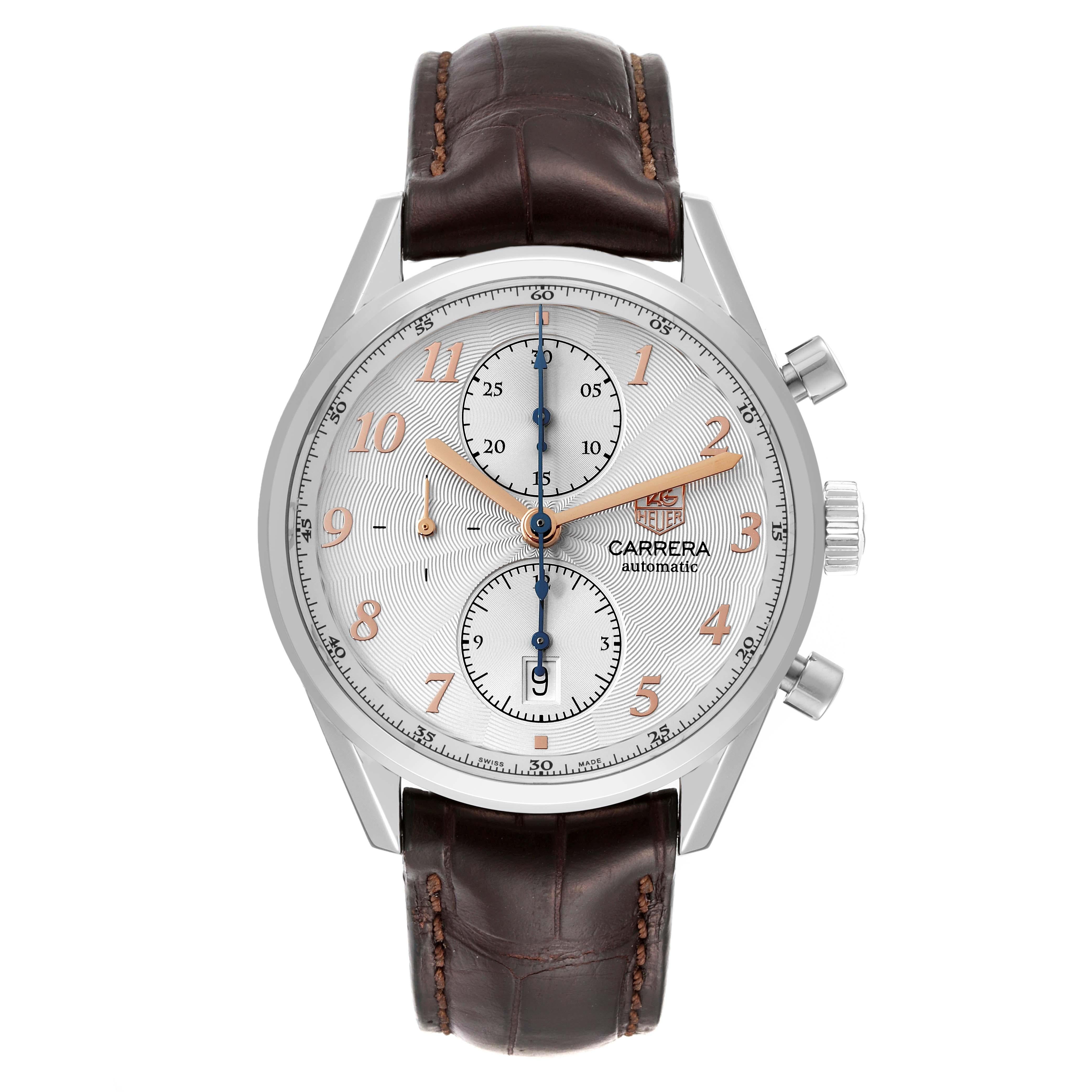 Tag Heuer Carrera Heritage Calibre 16 Steel Mens Watch CAS2112. Automatic self-winding chronograph movement. Stainless steel case 41.0 mm. Transparent exhibition sapphire crystal caseback. Stainless steel smooth bezel. Scratch resistant sapphire