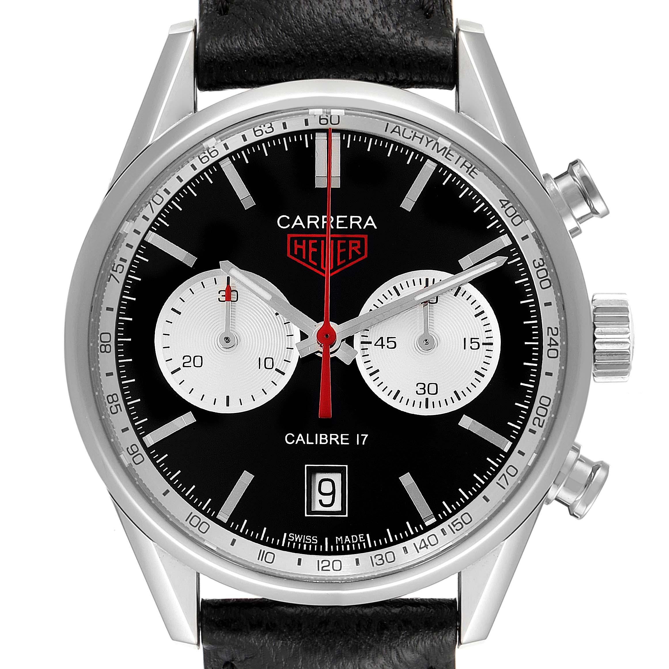 Tag Heuer Carrera Heritage Panda Dial Chronograph Steel Mens Watch CV211D. Automatic self-winding chronograph movement. Stainless steel case 41.0 mm. Tag Heuer logo on a crown. Stainless steel smooth bezel. Scratch resistant sapphire crystal. Black