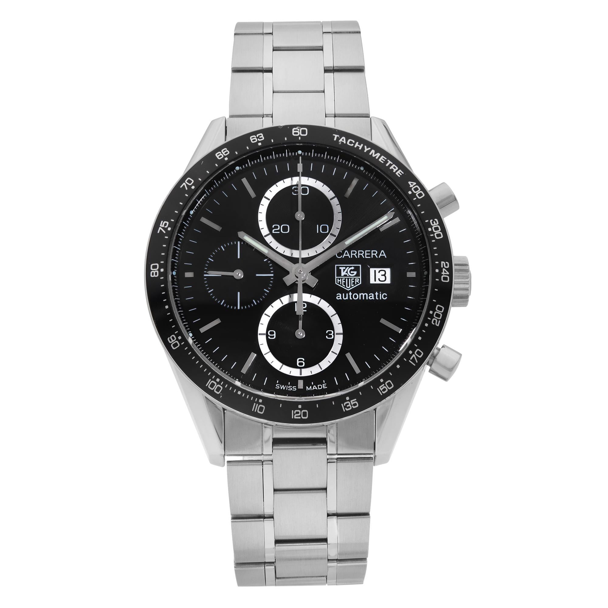 This pre-owned TAG Heuer Carrera CV2010-4 is a beautiful men's timepiece that is powered by mechanical (automatic) movement which is cased in a stainless steel case. It has a round shape face, chronograph, date indicator, small seconds subdial dial