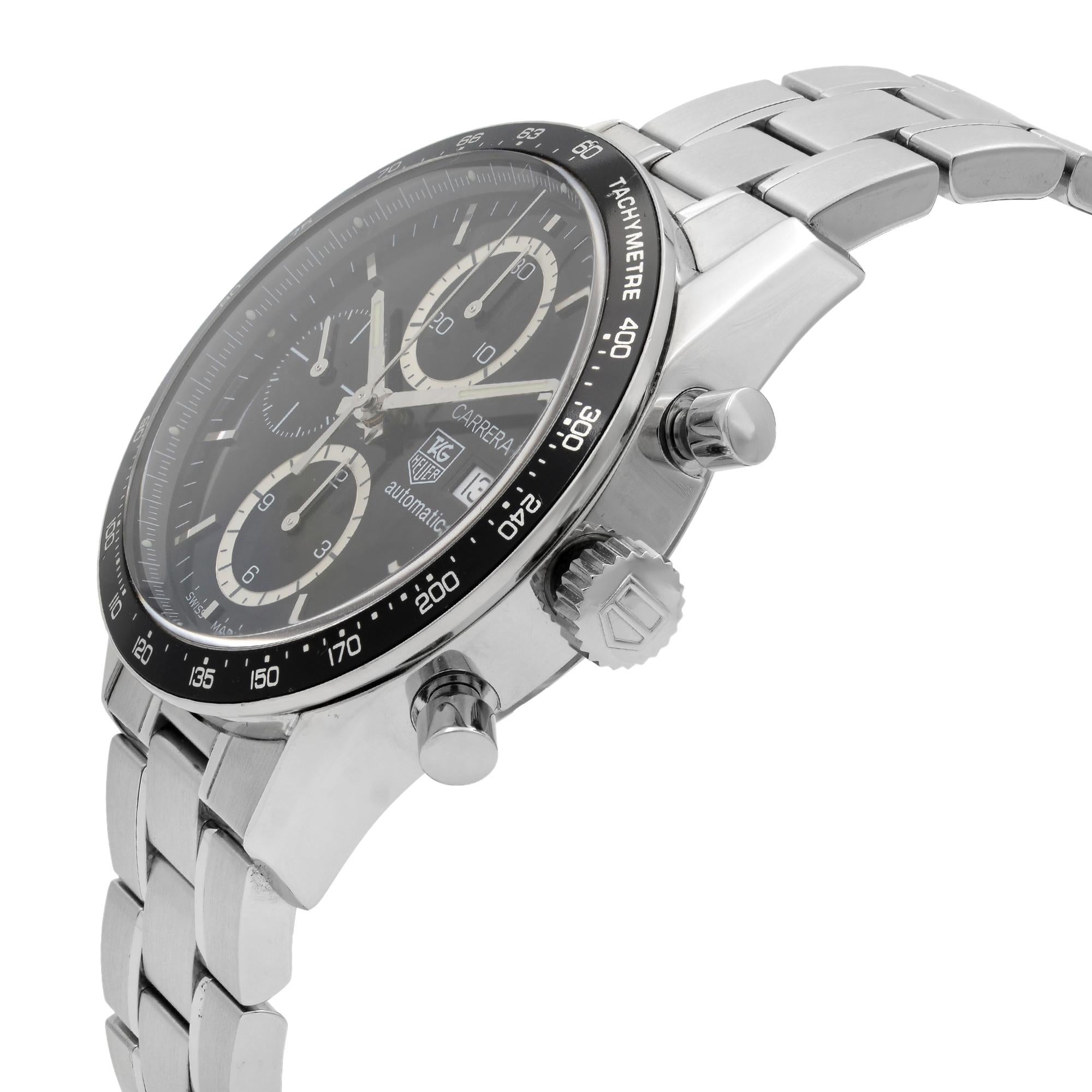 TAG Heuer Carrera Juan Manuel Fangio Stahl Schwarzes Zifferblatt Herrenuhr CV2010-4 im Zustand „Gut“ in New York, NY
