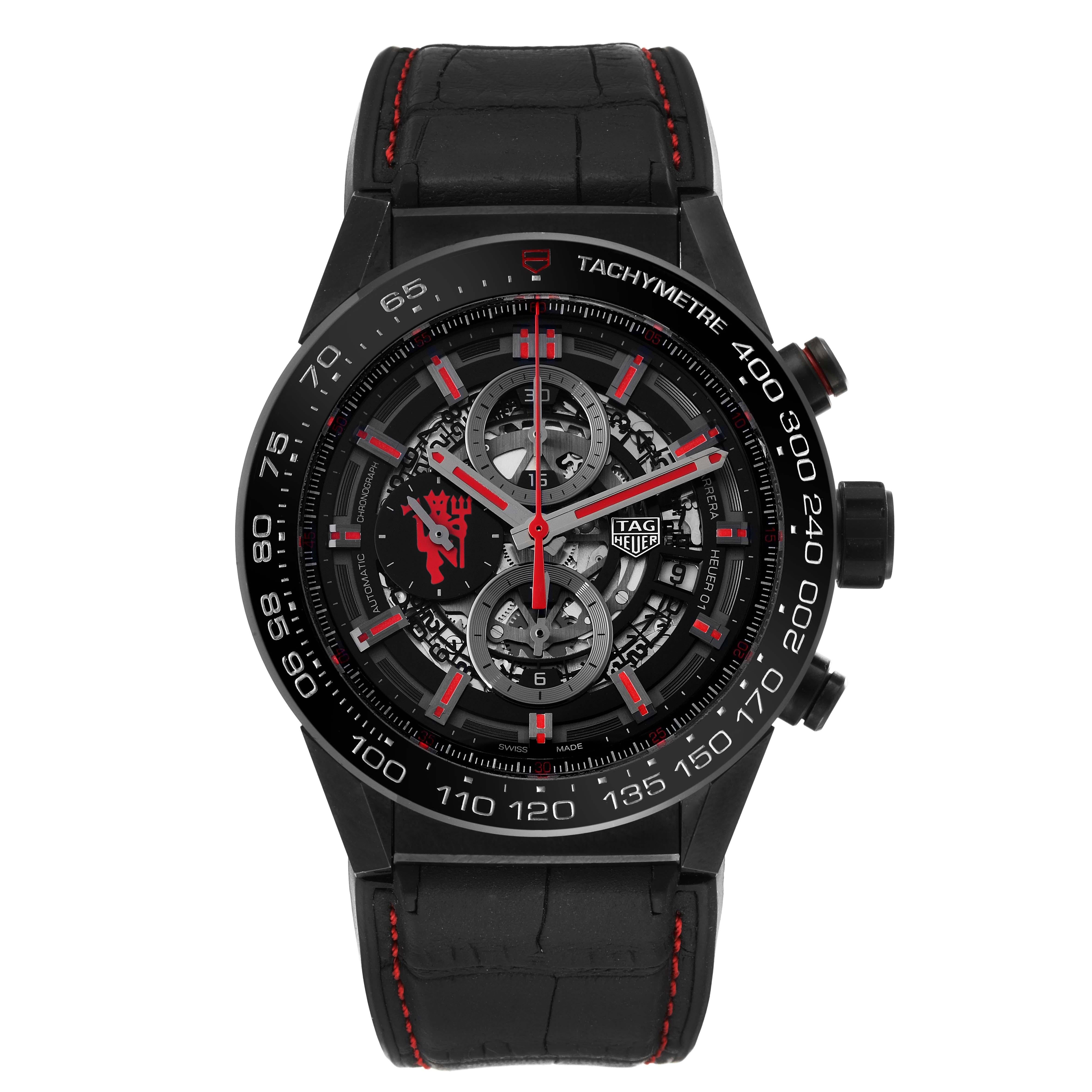 Tag Heuer Carrera Manchester United LE Mens Watch CAR2A1J Box Card. Automatic self-winding chronograph movement. Stainless steel case 45.0 mm. Transparent exhibition sapphire crystal case back with ''red devil'' print. Black bezel with tachymeter