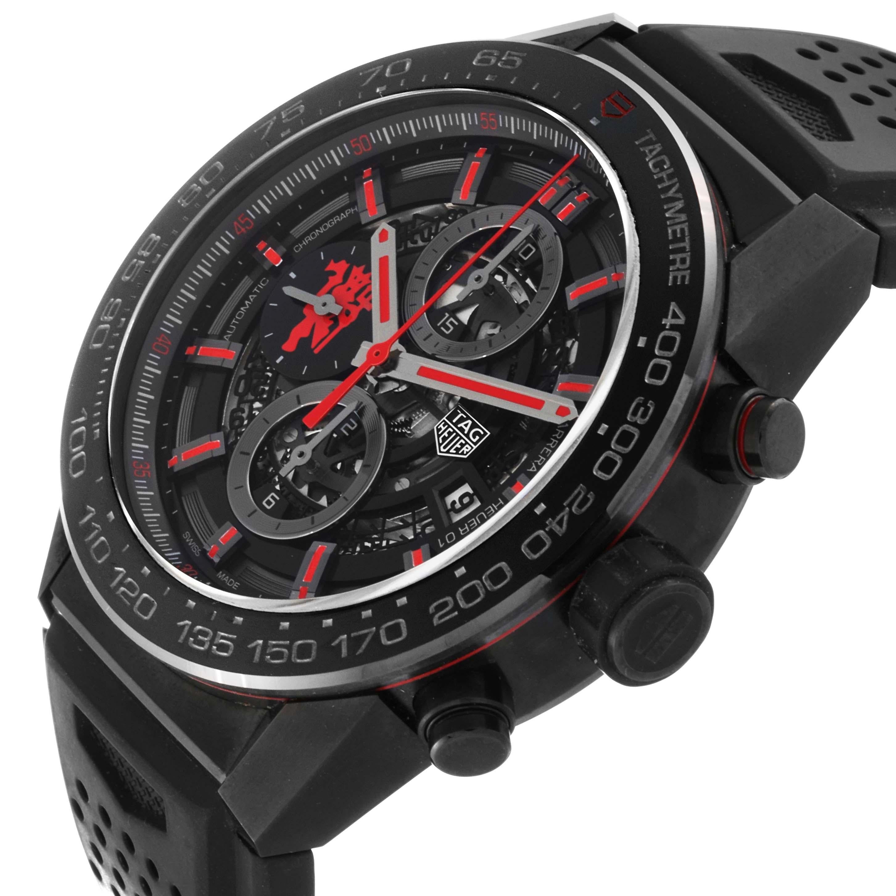 Tag Heuer Carrera Manchester United Limited Edition Steel Mens Watch CAR2A1J Box Card. Automatic self-winding chronograph movement. Stainless steel case 45.0 mm. Transparent exhibition sapphire crystal case back with ''red devil'' print. Black bezel