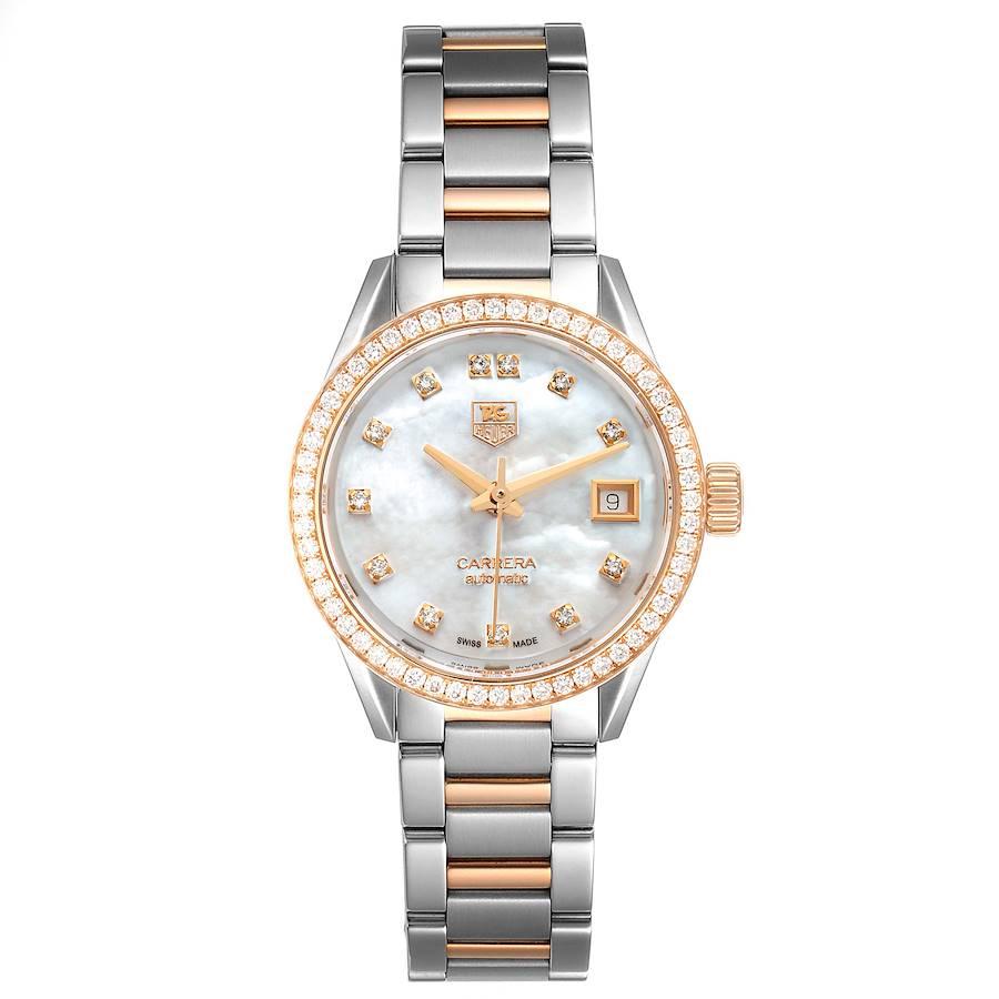 TAG Heuer Carrera MOP Diamond Steel Rose Gold Ladies Watch WAR2453 Box Card. Automatic self-winding movement. Stainless steel case 28.0 mm in diameter. 18k rose gold-plated diamond bezel. Scratch resistant sapphire crystal. Mother of pearl dial with