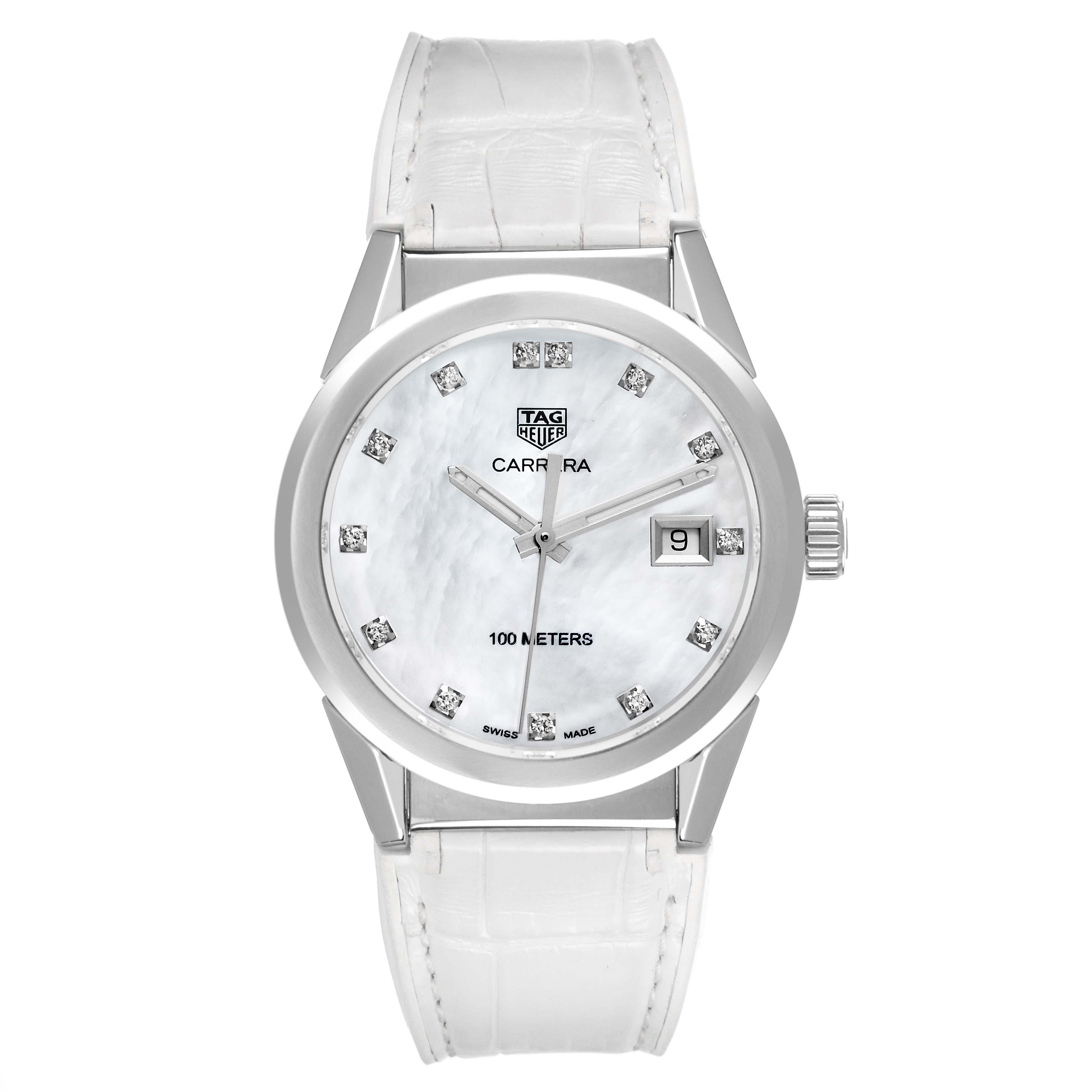 TAG Heuer Carrera Mother Of Pearl Diamond Dial Steel Ladies Watch WBG1312 Box Card. Quartz movement. Stainless steel case 36.0 mm in diameter. Stainless steel bezel. Scratch resistant sapphire crystal. Mother of pearl dial with original Tag Heuer